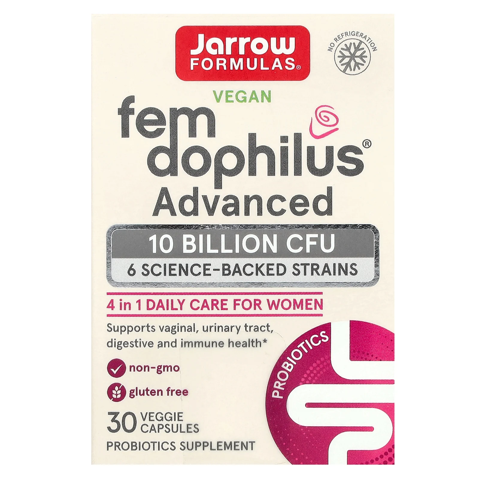 Jarrow Formulas, Vegan Fem Dophilus, улучшенная формула, 10 млрд КОЕ, 30 вегетарианских капсул