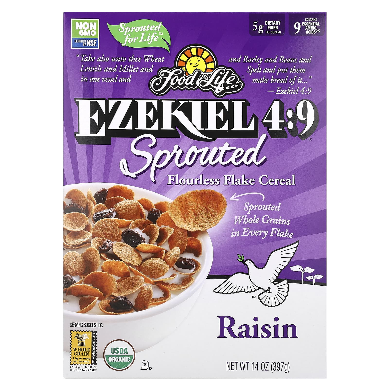Food For Life, Иезекииль 4: 9, хлопья из пророщенных хлопьев без муки, изюм, 397 г (14 унций)