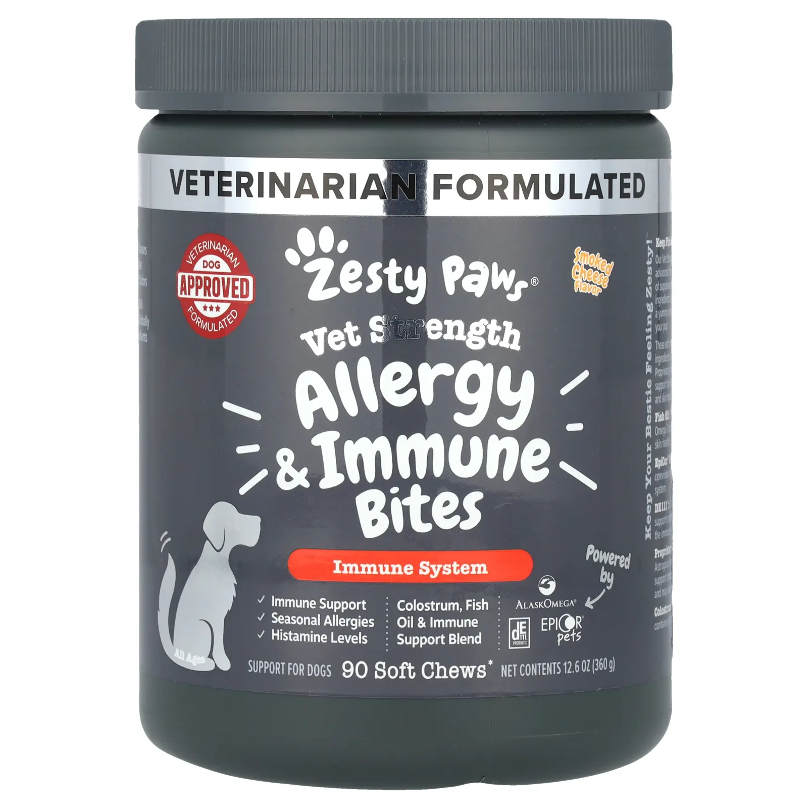Zesty Paws, Vet Strength Allergy & Immune Bites, для собак, для всех возрастов, копченый сыр, 90 жевательных таблеток, 360 г (12,6 унции)