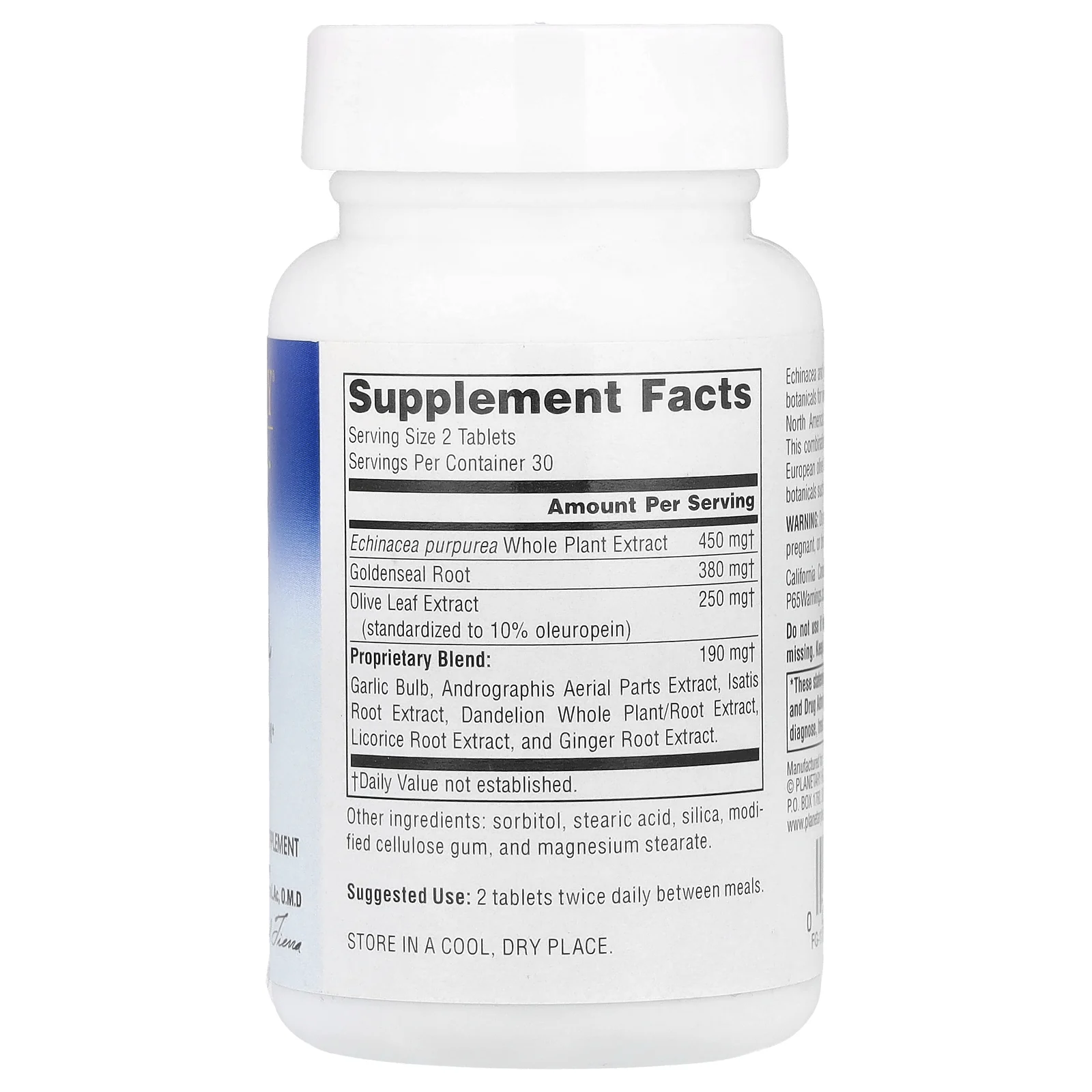 Planetary Herbals, Эхинацея и желтокорень с листьями оливы, 635 мг, 60 таблеток (317 мг в одной таблетке)