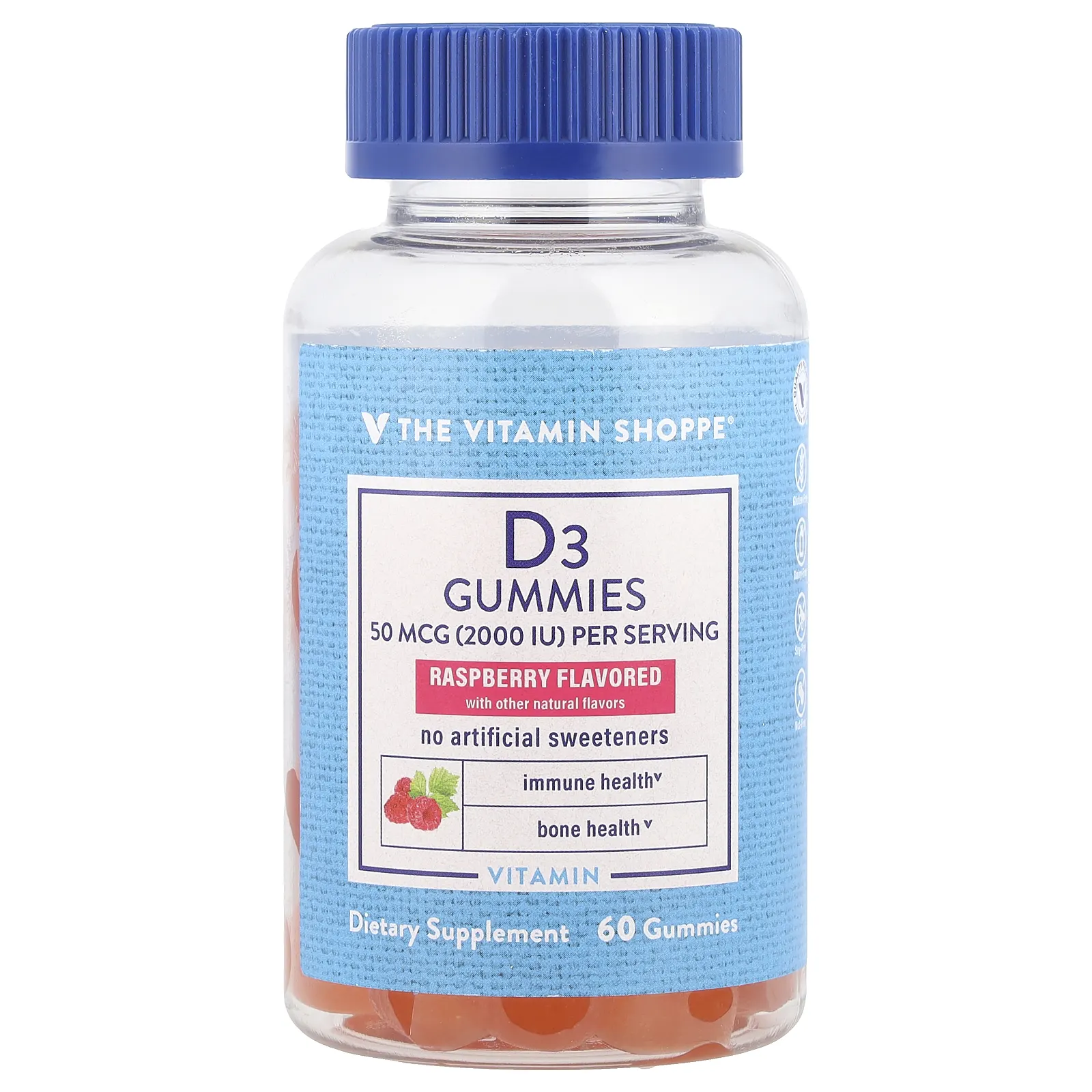 The Vitamin Shoppe, Жевательные мармеладки с витамином D3, малина, 50 мкг (2000 МЕ), 60 жевательных таблеток (25 мкг в жевательной мармеладке)