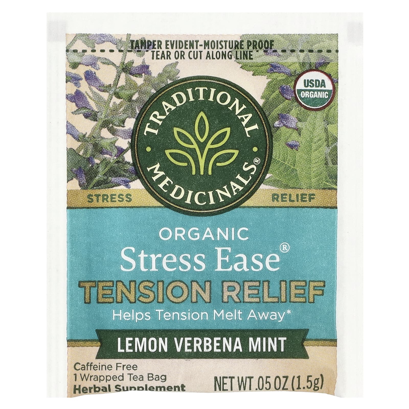 Traditional Medicinals, Organic Stress Ease®, средство для снятия напряжения, лимонная вербена и мята, без кофеина, 16 чайных пакетиков в упаковке, 24 г (0,85 унции)