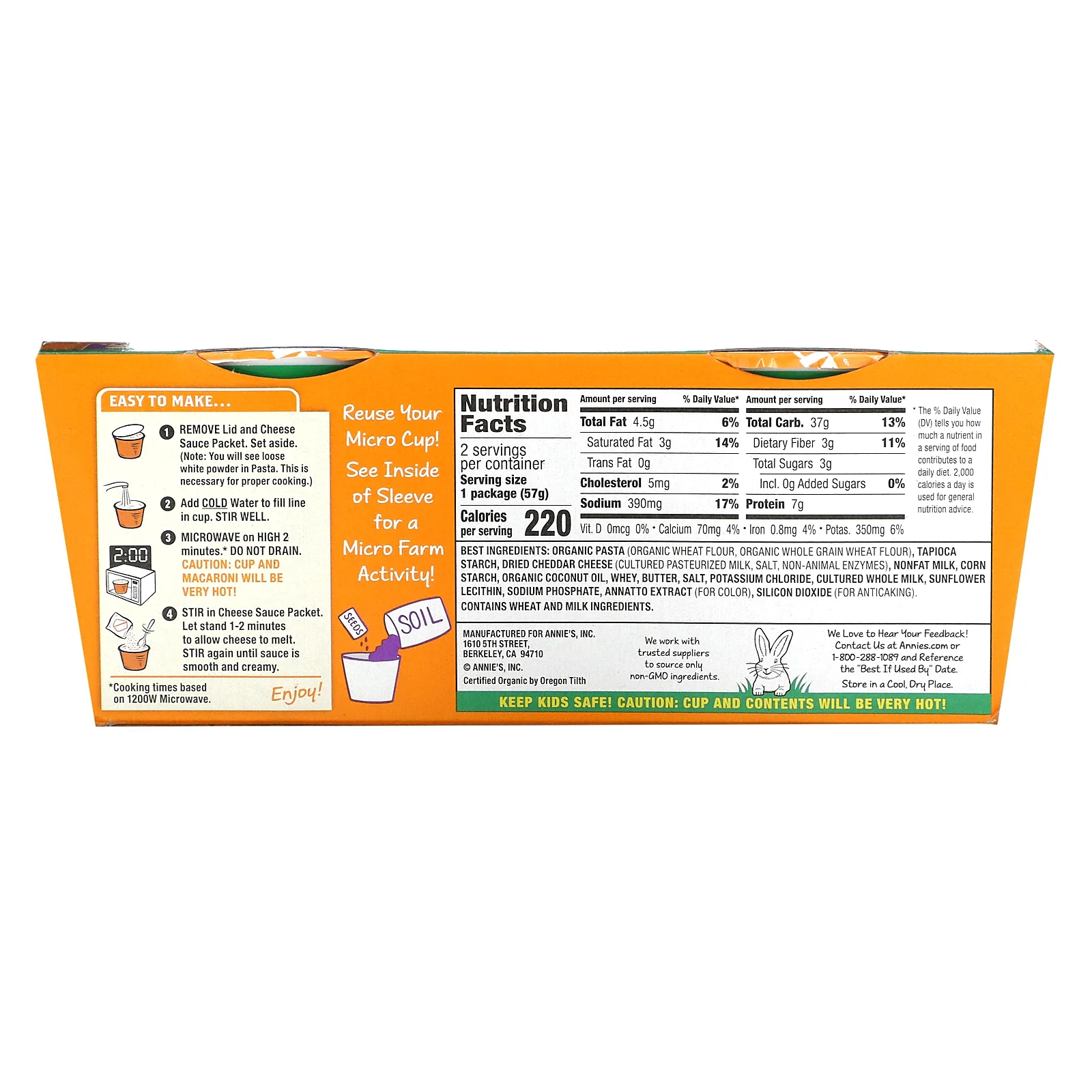 Annie's Homegrown, Macaroni & Cheese, 2 пакетика, настоящий выдержанный чеддер, 57 г (2–2,01 унции) в каждой чашке