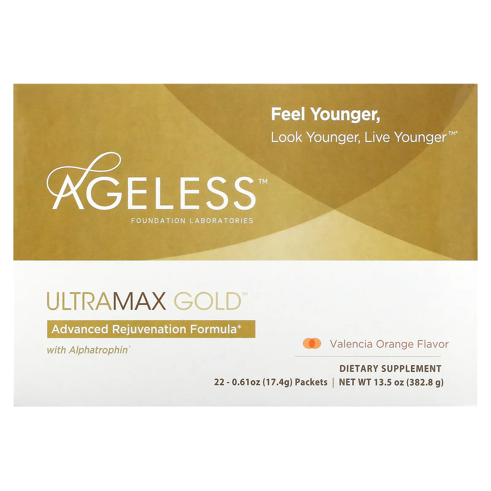 Ageless Foundation Laboratories, UltraMax Gold, улучшенная формула омоложения с альфатрофином, со вкусом валенсийского апельсина, 22 пакетика по 17,4 г каждый