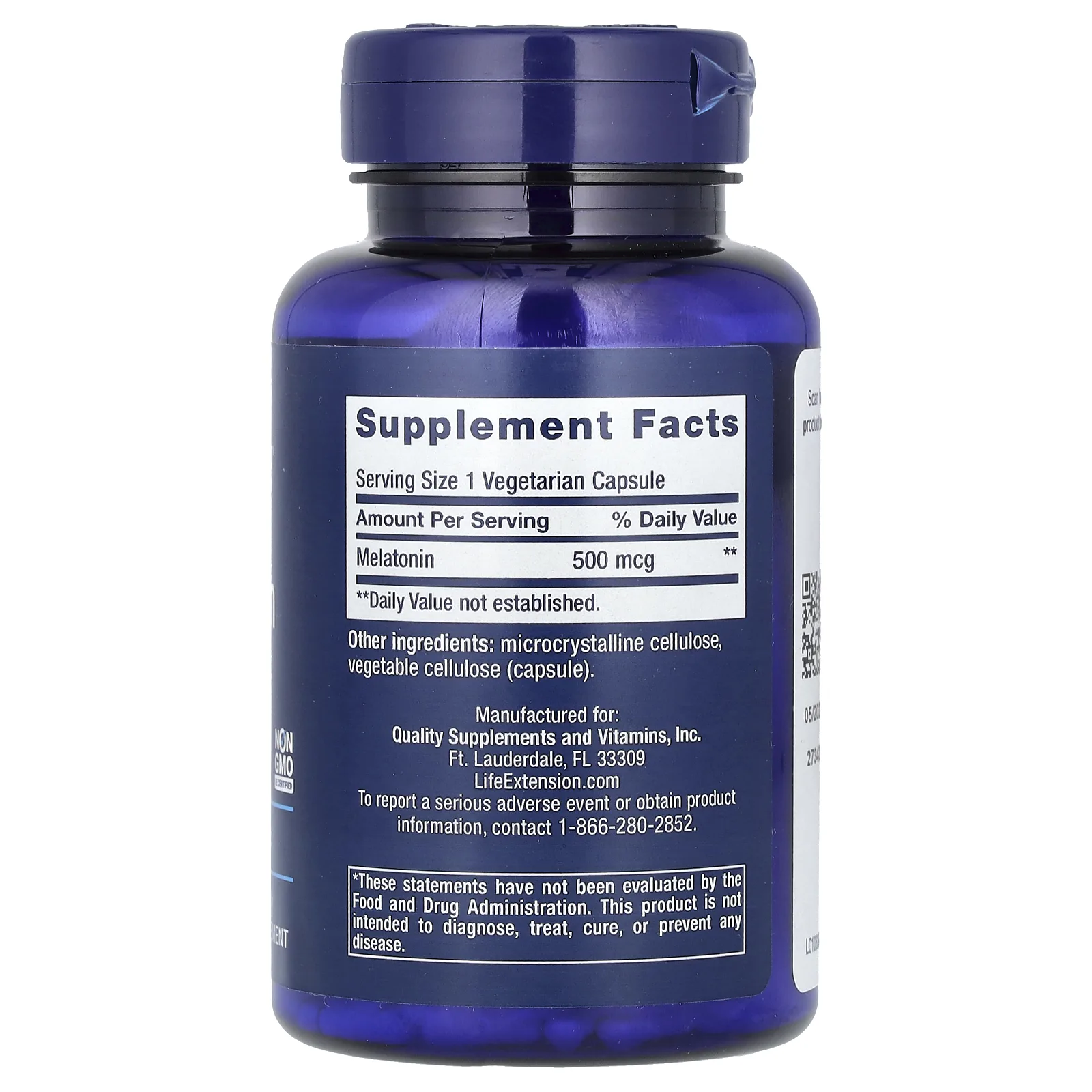 Life Extension, Мелатонин, 500 мкг, 200 вегетарианских капсул