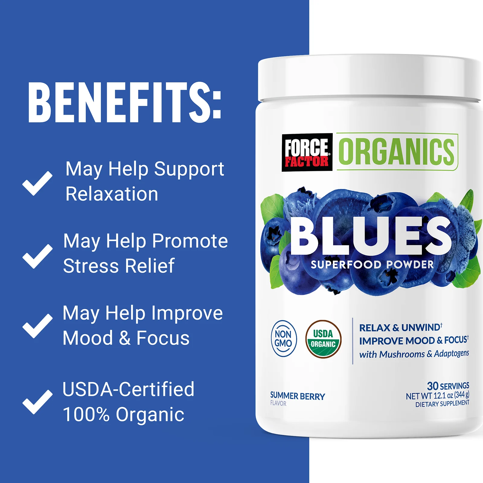 Force Factor, Organics, Blues Superfood, порошок, летние ягоды, 344 г (12,1 унции)