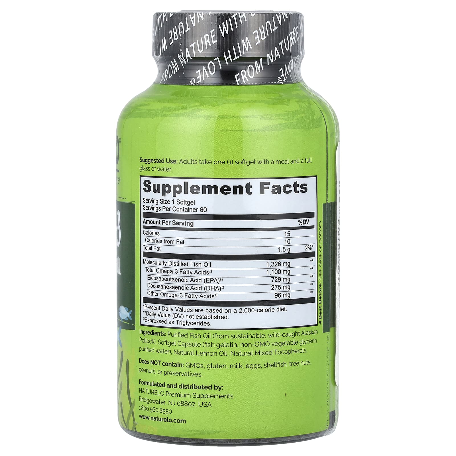 NATURELO, омега-3, рыбий жир в форме триглицеридов, 1100 мг, 60 мягких таблеток