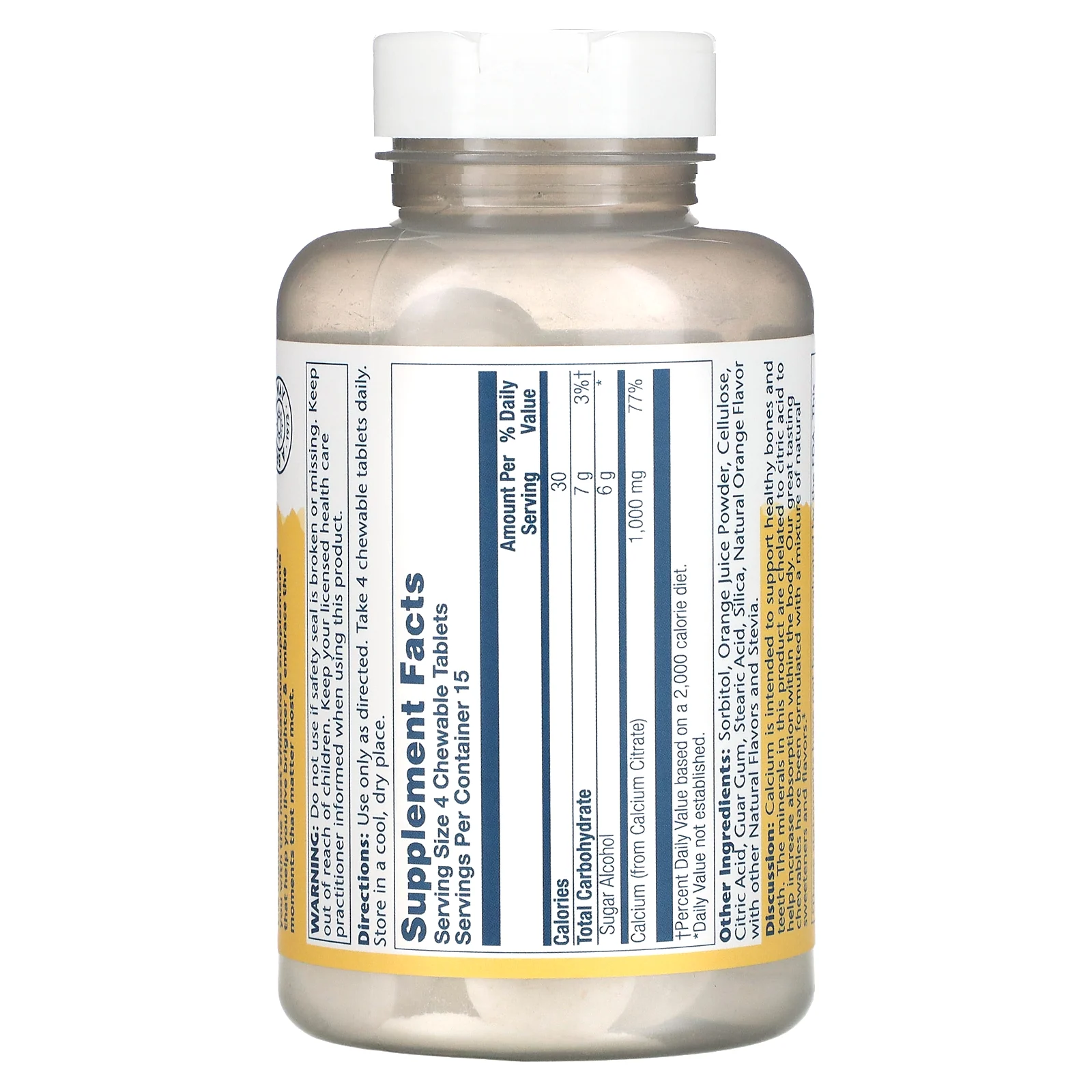 Solaray, цитрат кальция, натуральный апельсин, 1000 мг, 60 жевательных таблеток (250 мг в 1 таблетке)