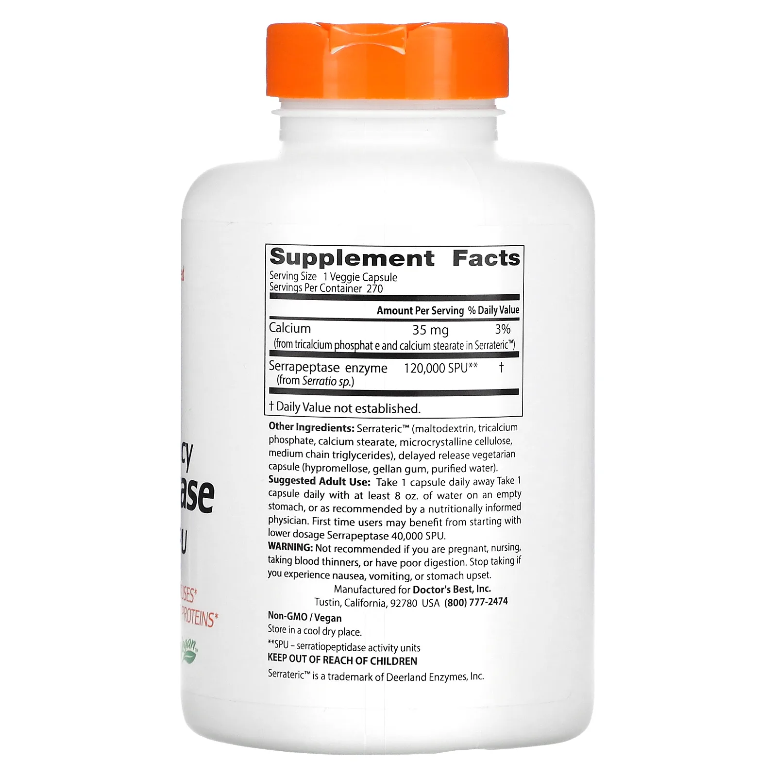 Doctor's Best, высокоэффективная серрапептаза, 120 000 SPU, 270 вегетарианских капсул
