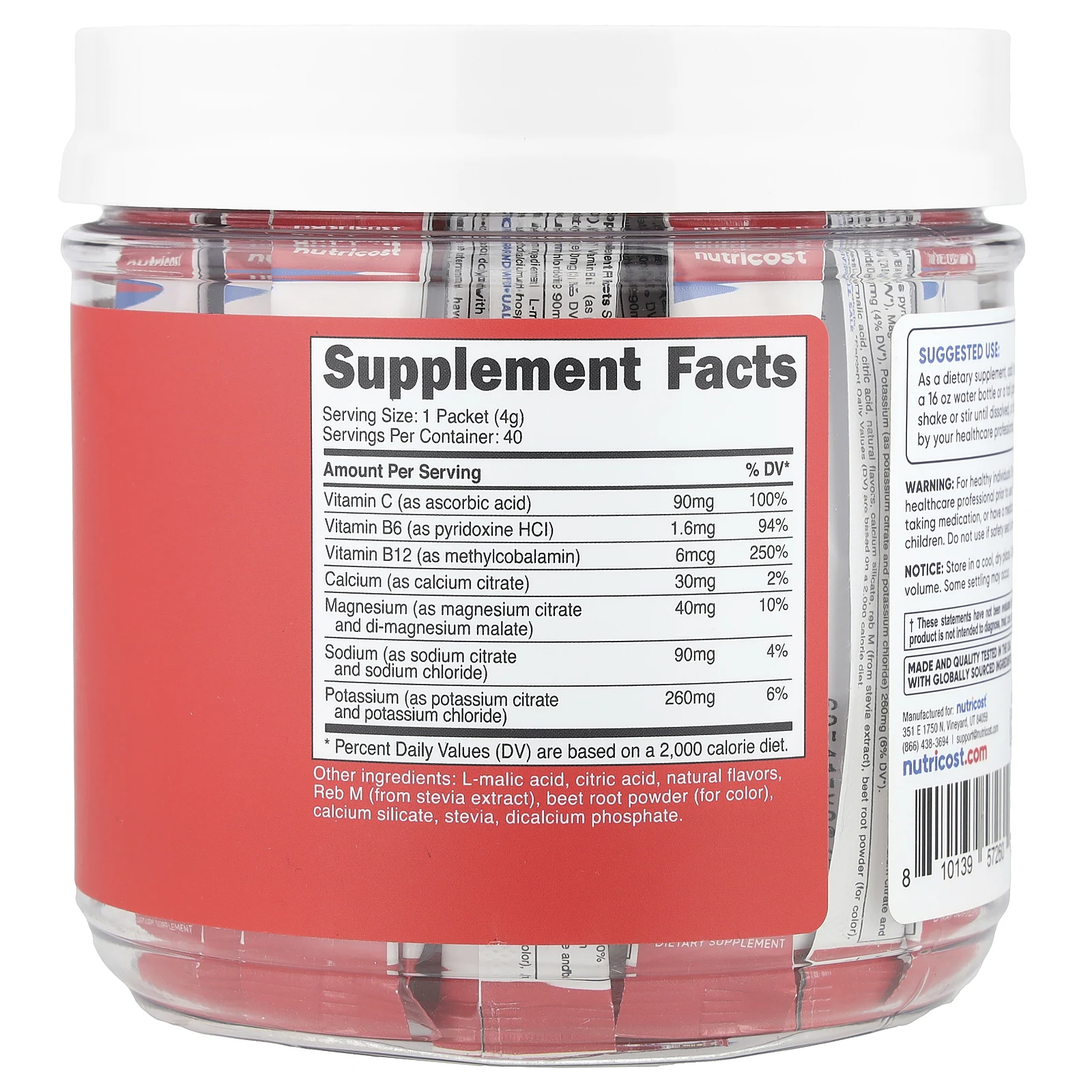 Nutricost, Электролиты, улучшенный комплекс для увлажнения, фруктовый пунш, 40 пакетиков по 4 г (0,14 унции)