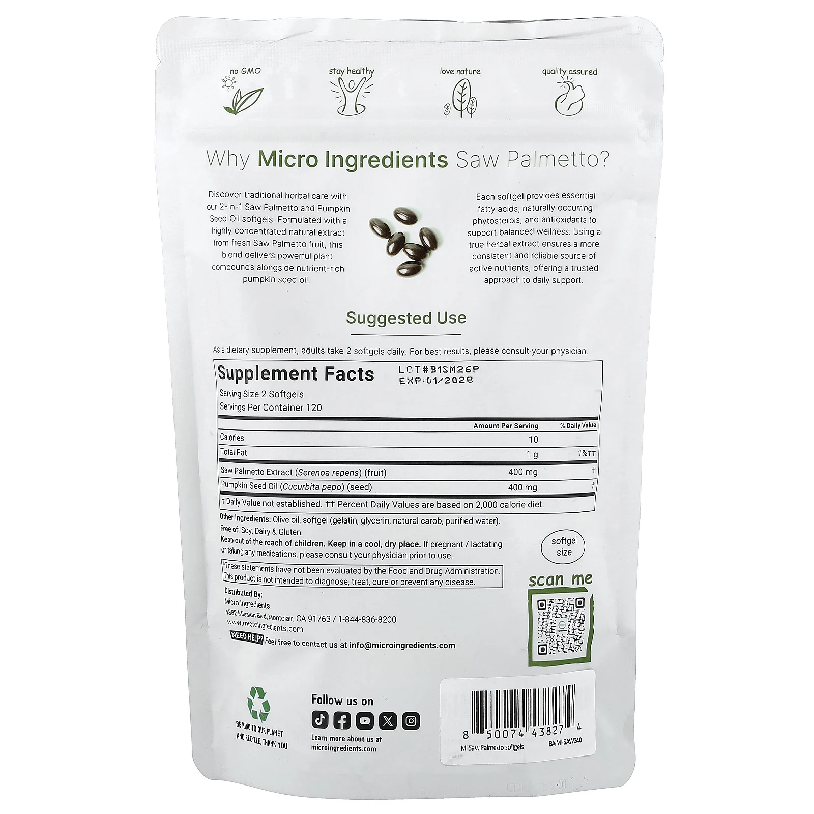 Micro Ingredients, сереноя с маслом семян тыквы, 240 капсул