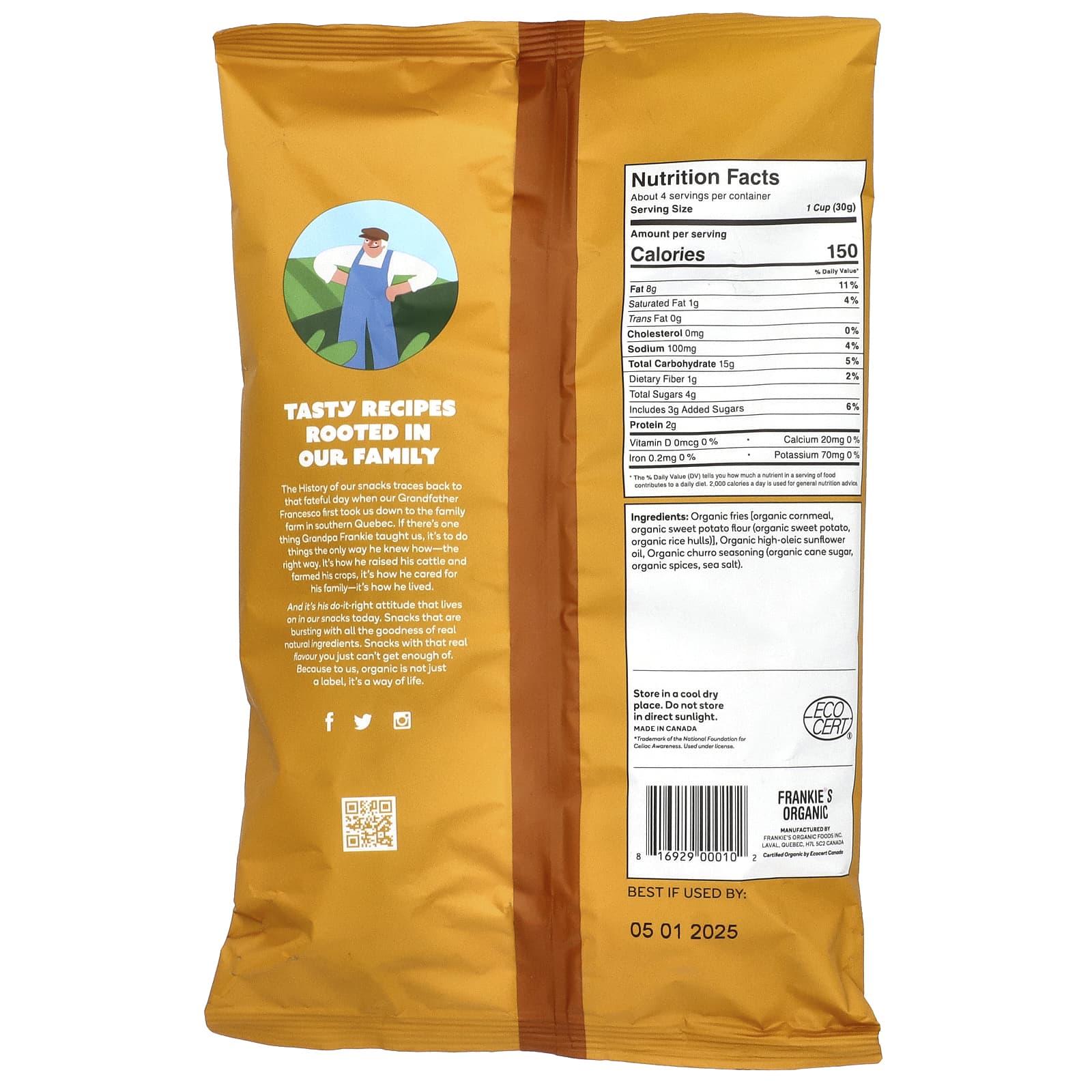 Frankie's Organic, Жареный картофель со сладким картофелем, чурро, 113 г (4 унции)