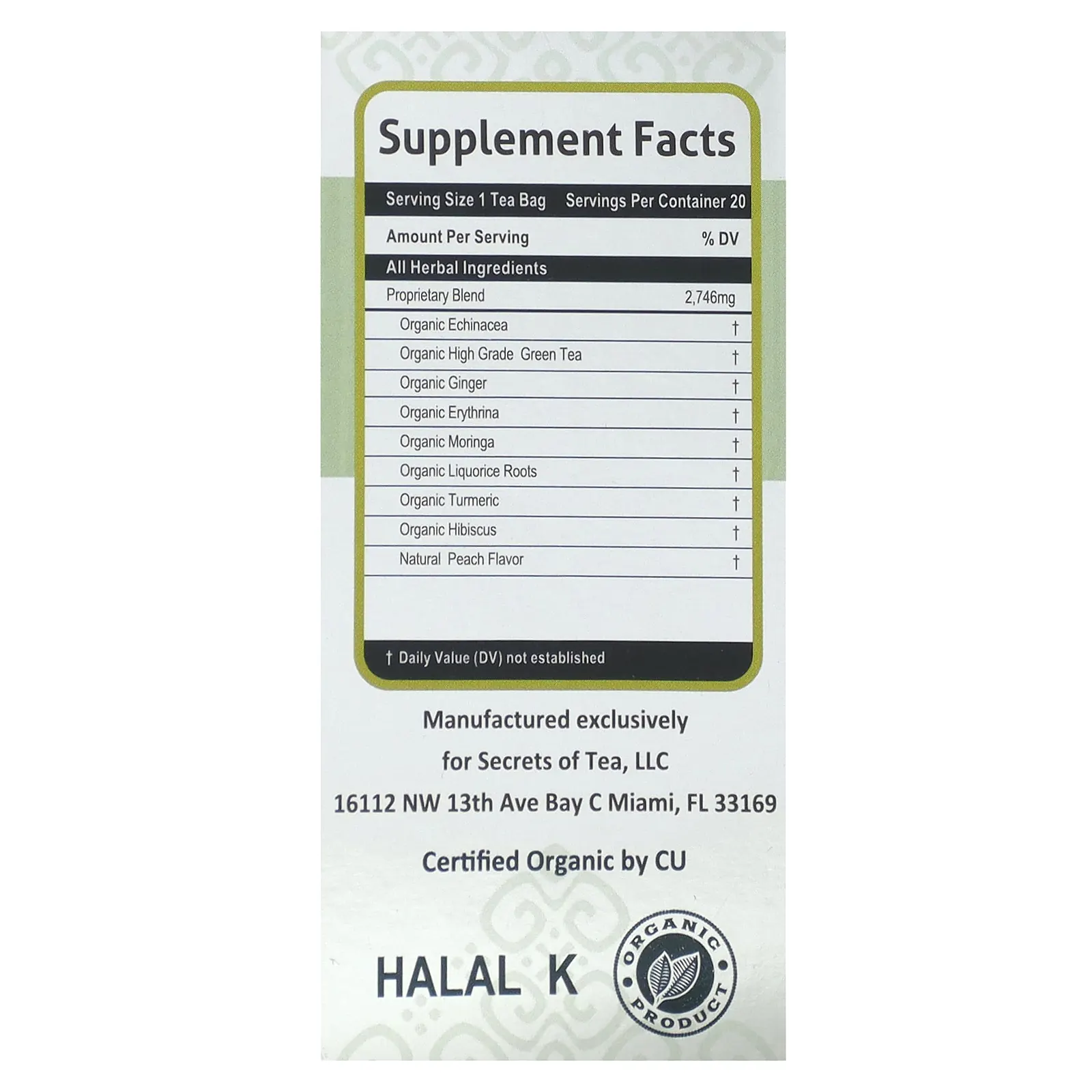 Secrets of Tea, органический чай для укрепления иммунитета, персик и имбирь, 20 пакетиков, 40 г (1,41 унции)