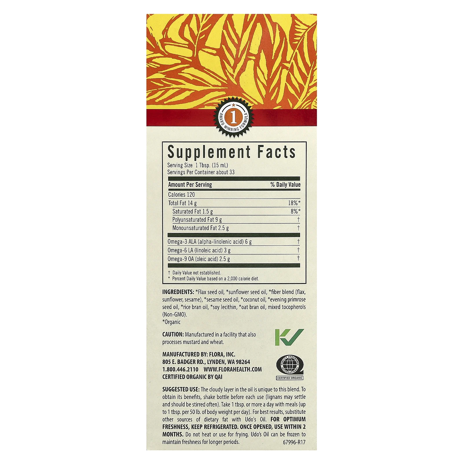 Flora, Udo's Choice, сертифицированная органическая смесь Udo's Oil с высоким содержанием лигнана 3, 6, 9, 500 мл (17 жидк. унций)