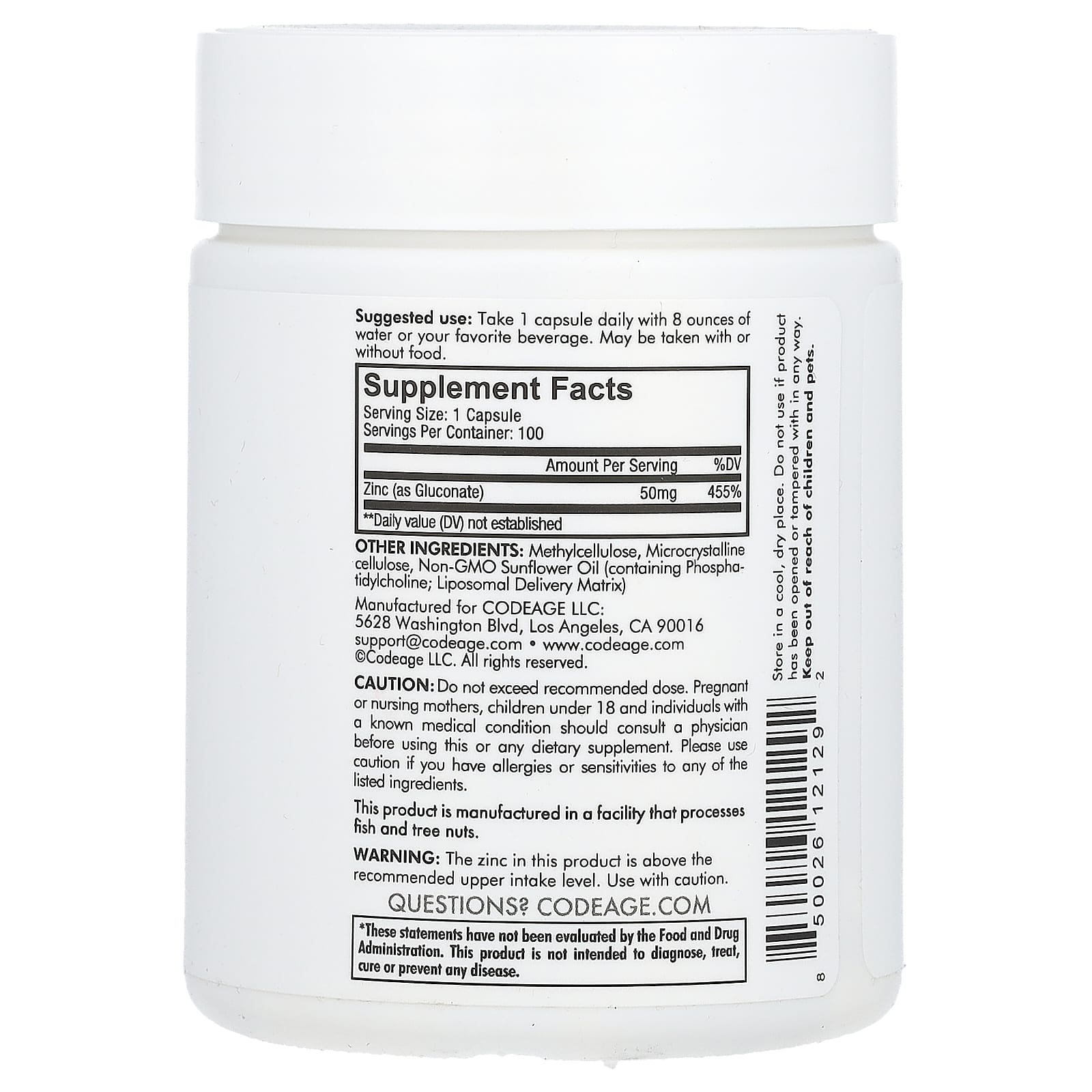 Codeage, минеральная добавка, липосомальный цинк 50, 100 капсул