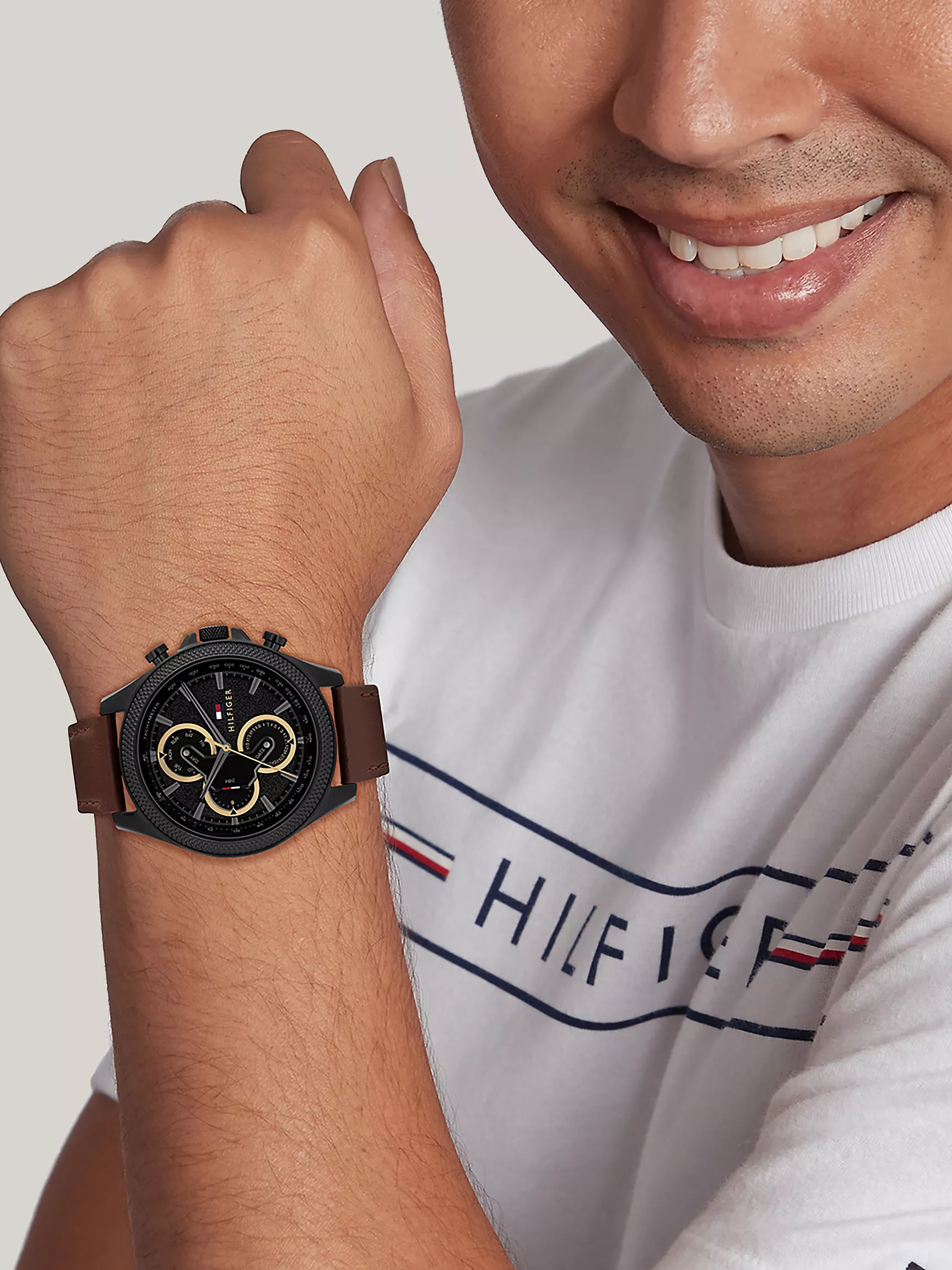 Мужские часы Tommy Hilfiger, Спортивные часы 46 мм с коричневым кожаным ремешком