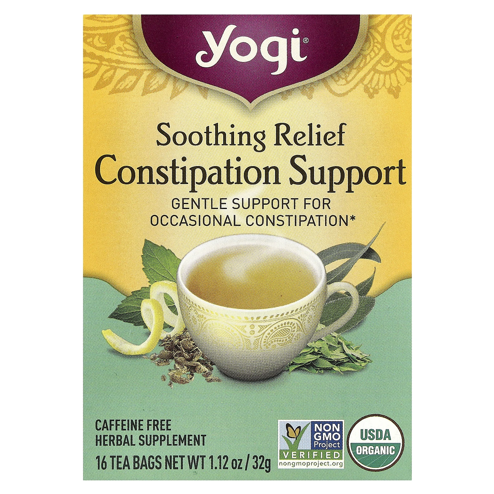 Yogi Tea, Успокаивающее средство для облегчения запоров, без кофеина, 16 чайных пакетиков, 32 г (1,12 унции)