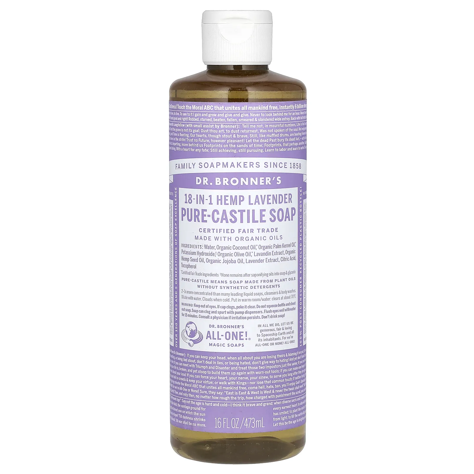 Dr. Bronner's, Чистое кастильское мыло из конопли 18-в-1, лаванда, 16 жидких унций (473 мл)