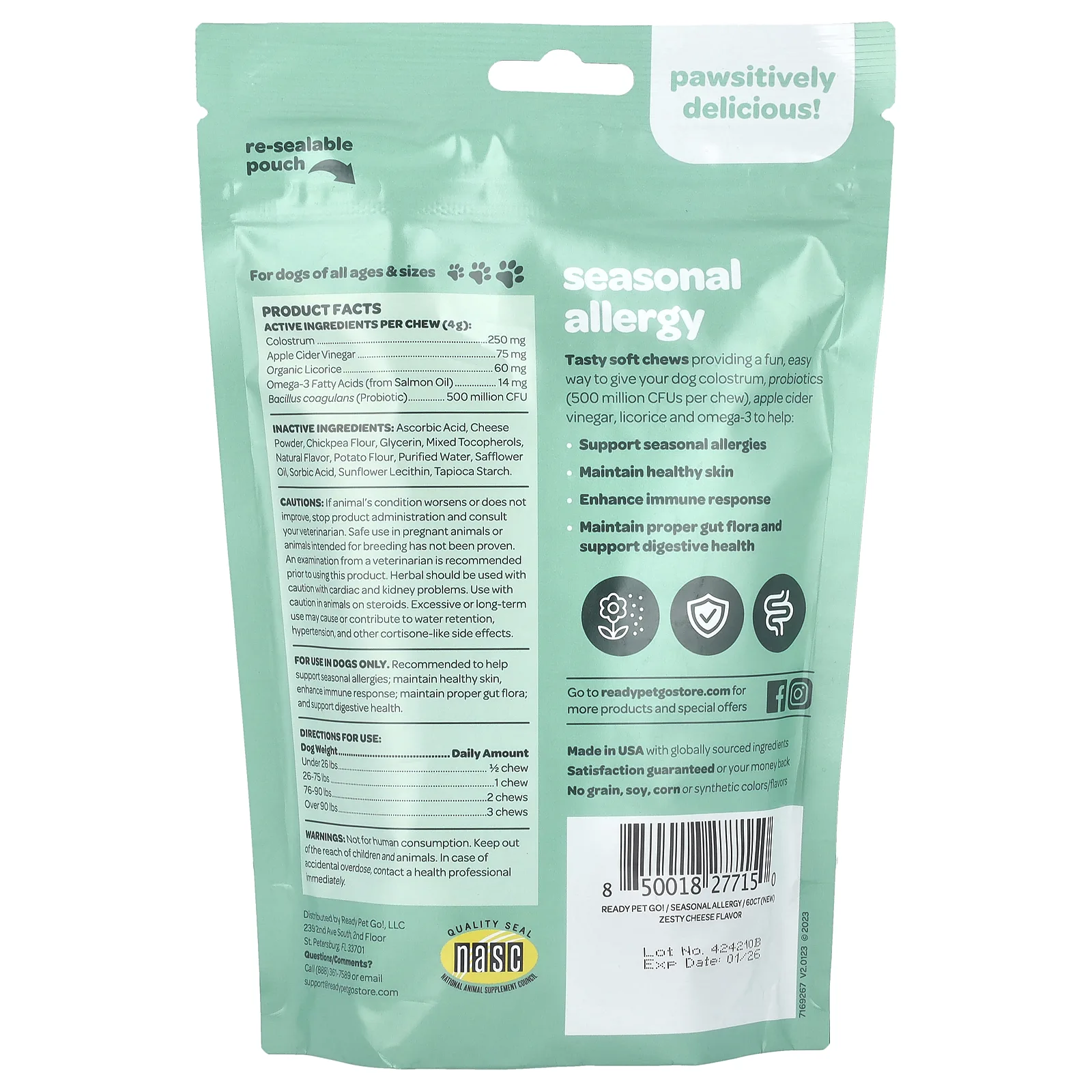 Ready Pet Go, Seasonal Allergy, для собак, для всех возрастов, пикантный сыр, 60 жевательных таблеток, 240 г (8,5 унции)