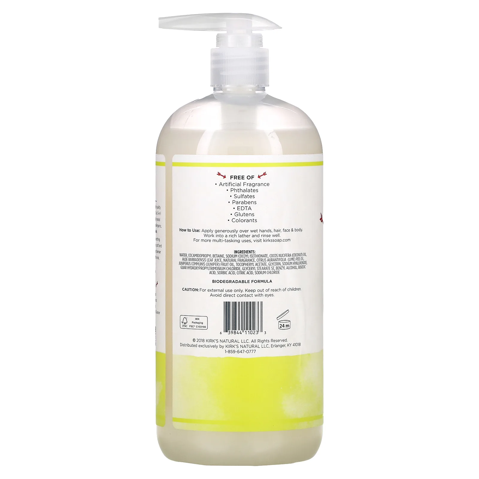 Kirk's, питательный шампунь и гель для душа «3-в-1», лайм и можжевельник, 946 мл (32 жидк. унции)