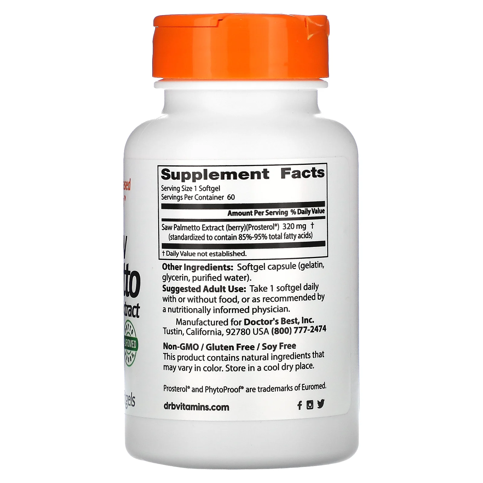 Doctor's Best, сереноя с простеролом, стандартизированный экстракт, 320 мг, 60 капсул