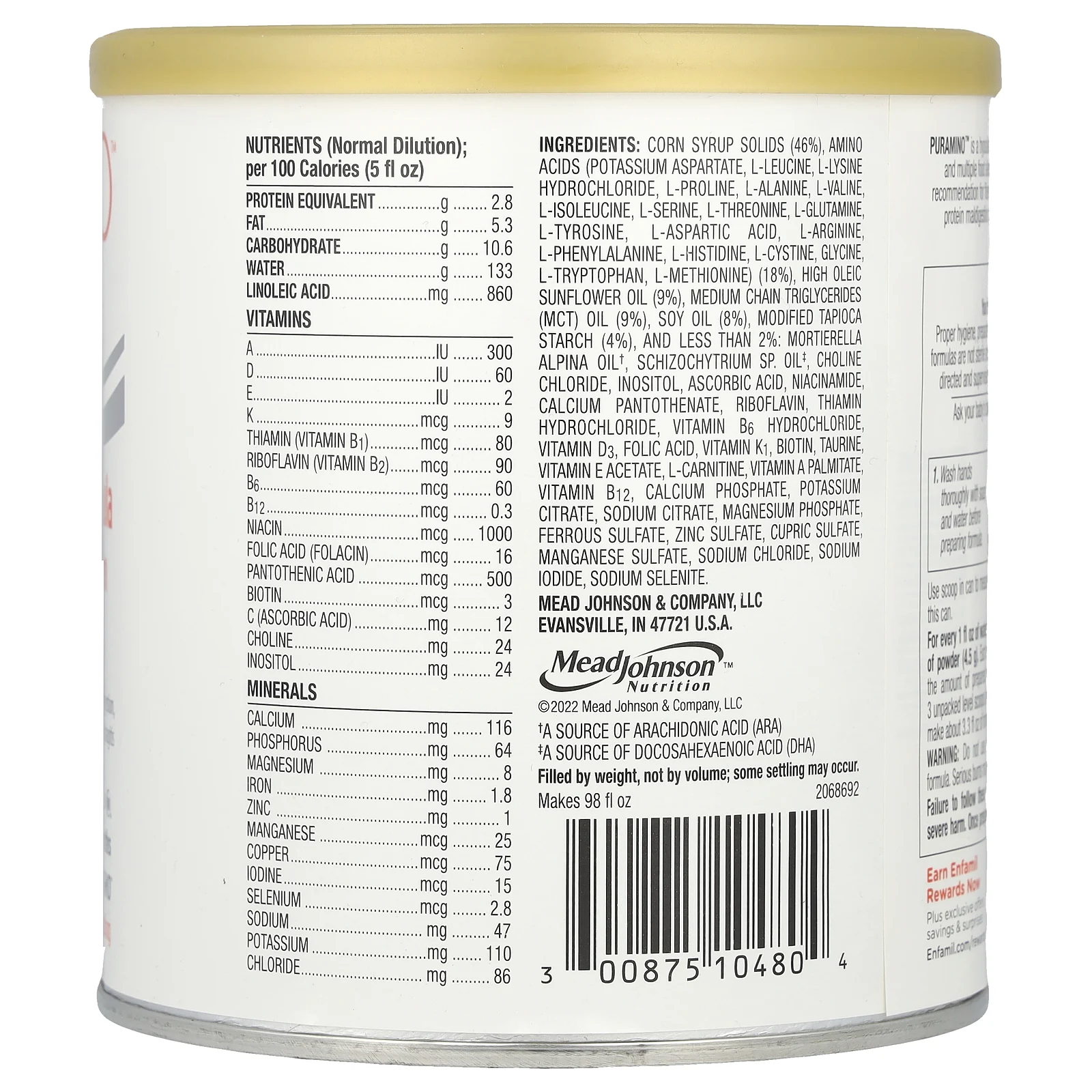 Enfamil, PurAmino ™, гипоаллергенная смесь для детей от 0 до 24 месяцев, 400 г (14,1 унции)