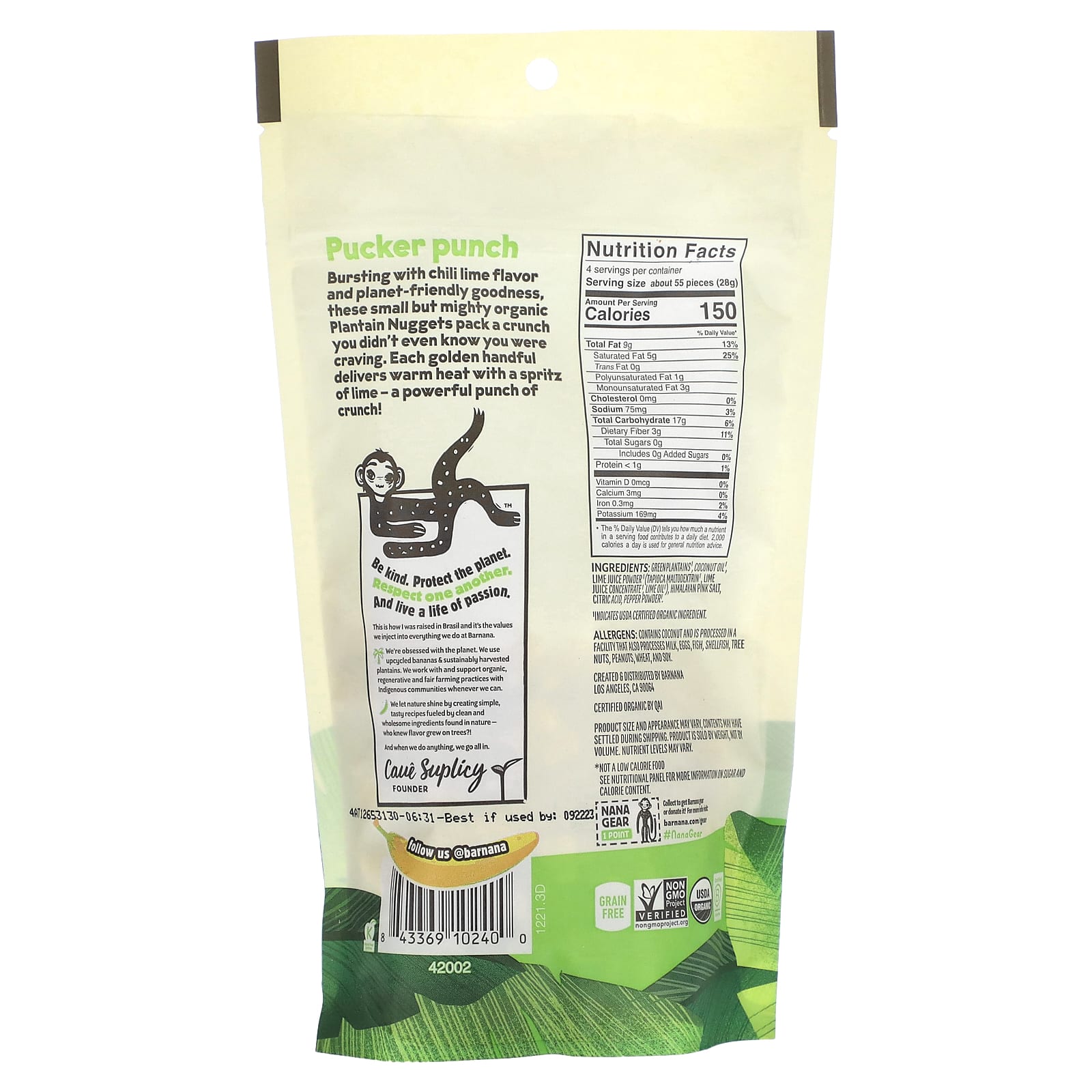 Barnana, Органические хрустящие наггетсы подорожника, чили и лайм, 113 г (4 унции)