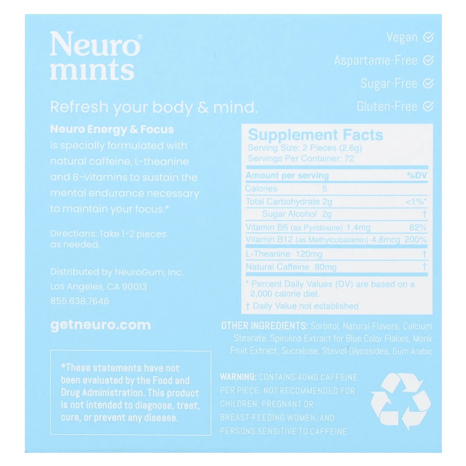 NeuroGum, NeuroMints, энергия и концентрация, перечная мята, 12 пакетиков по 12 шт. (всего 144 шт.)