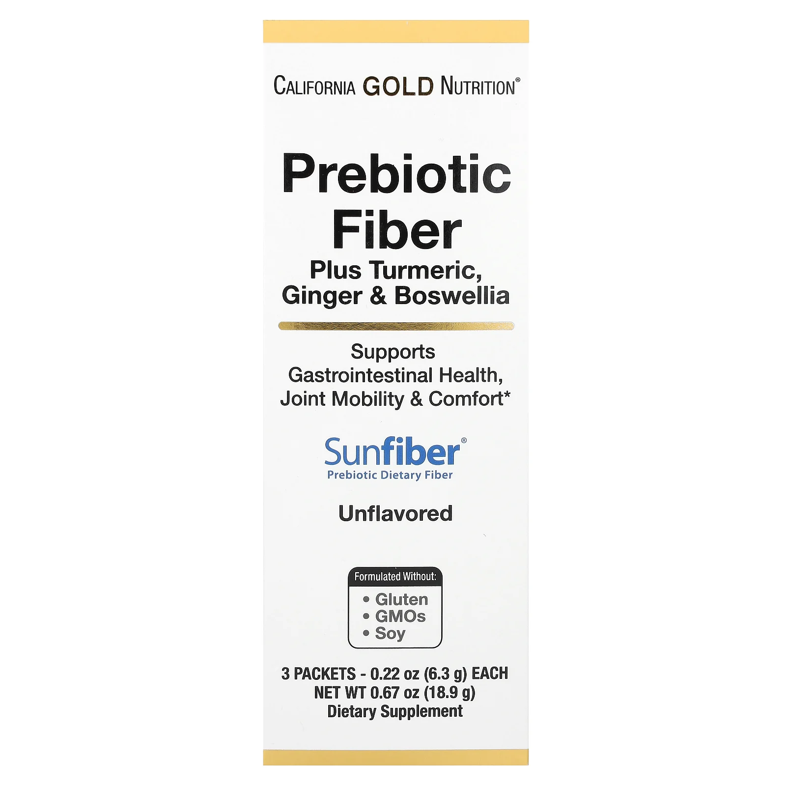 California Gold Nutrition, пребиотическая клетчатка с куркумой, имбирем и босвеллией, 3 пакетика по 6,3 г (0,22 унции) каждый