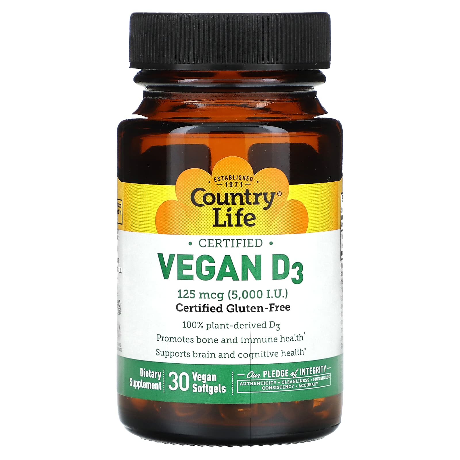 Country Life, Сертифицированный веганский витамин D3, 125 мкг (5000 МЕ), 30 веганских мягких таблеток