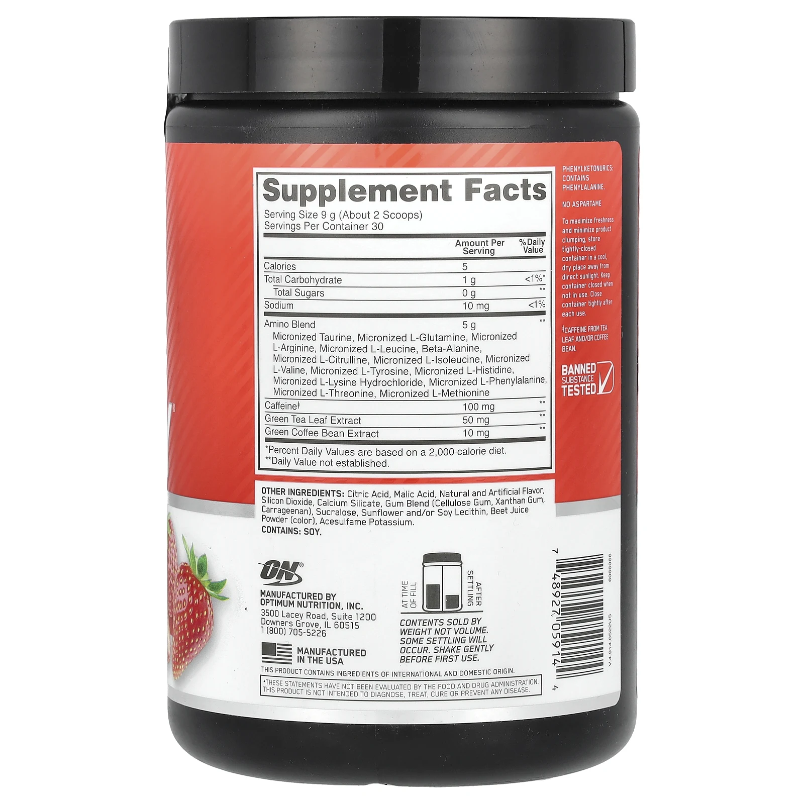 Optimum Nutrition, незаменимая аминокислота Amino.O Energy, сочная клубника, 270 г (9,5 унции)