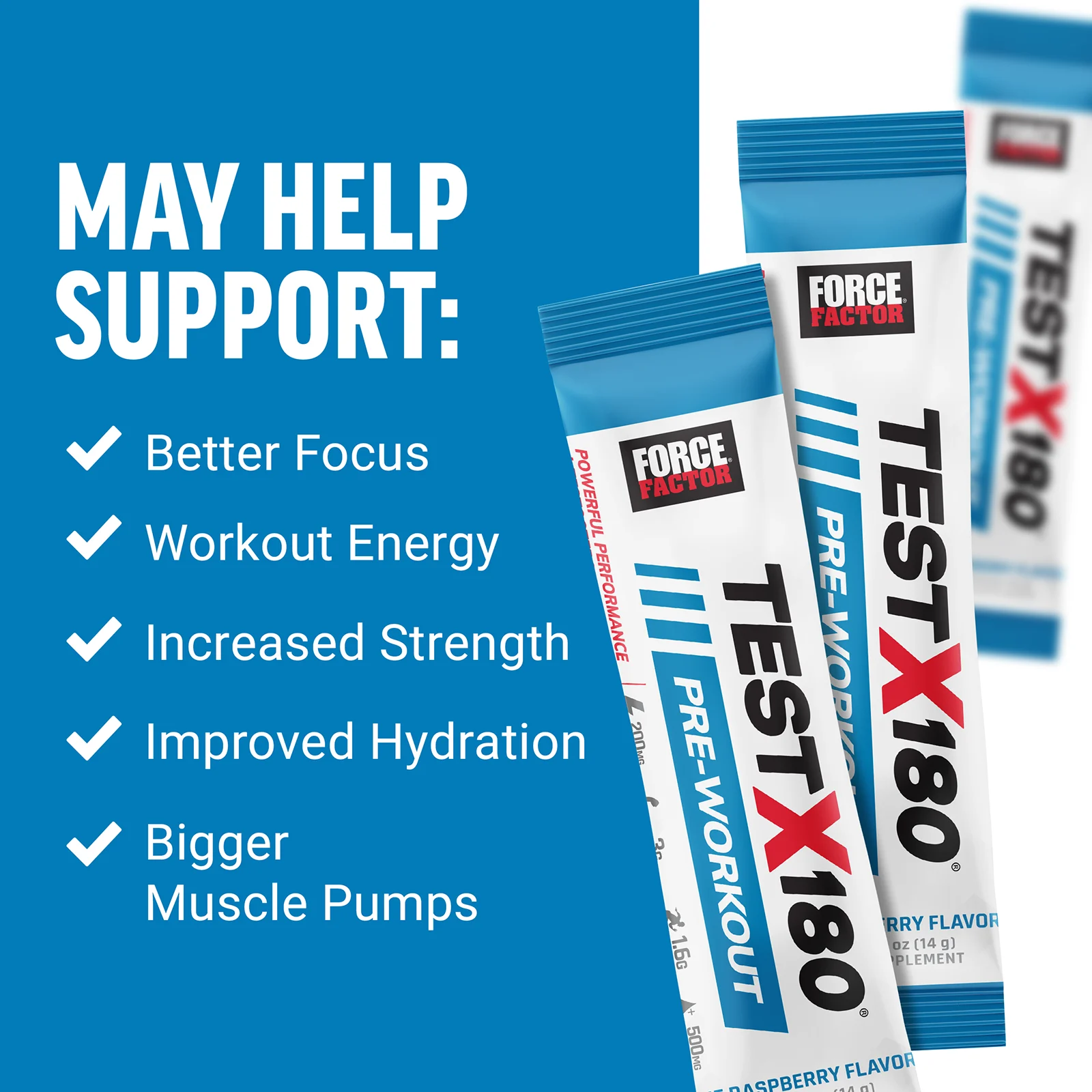 Force Factor, Test X180 перед тренировкой, голубая малина, 1 шт., 14 г (0,5 унции)