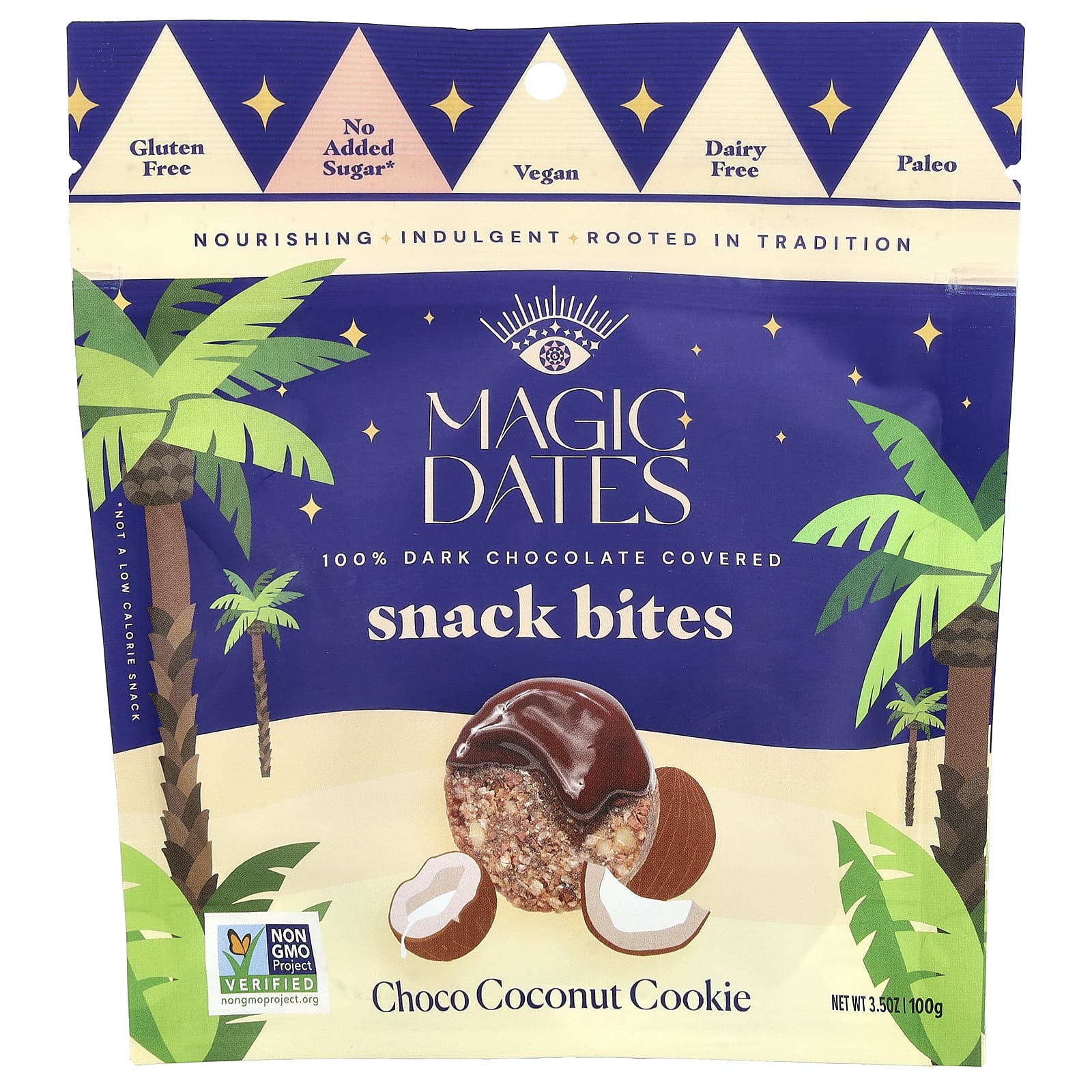 MAGICDATES, Snack Bites, покрытый 100% темным шоколадом, шоколадное и кокосовое печенье, 100 г (3,5 унции)