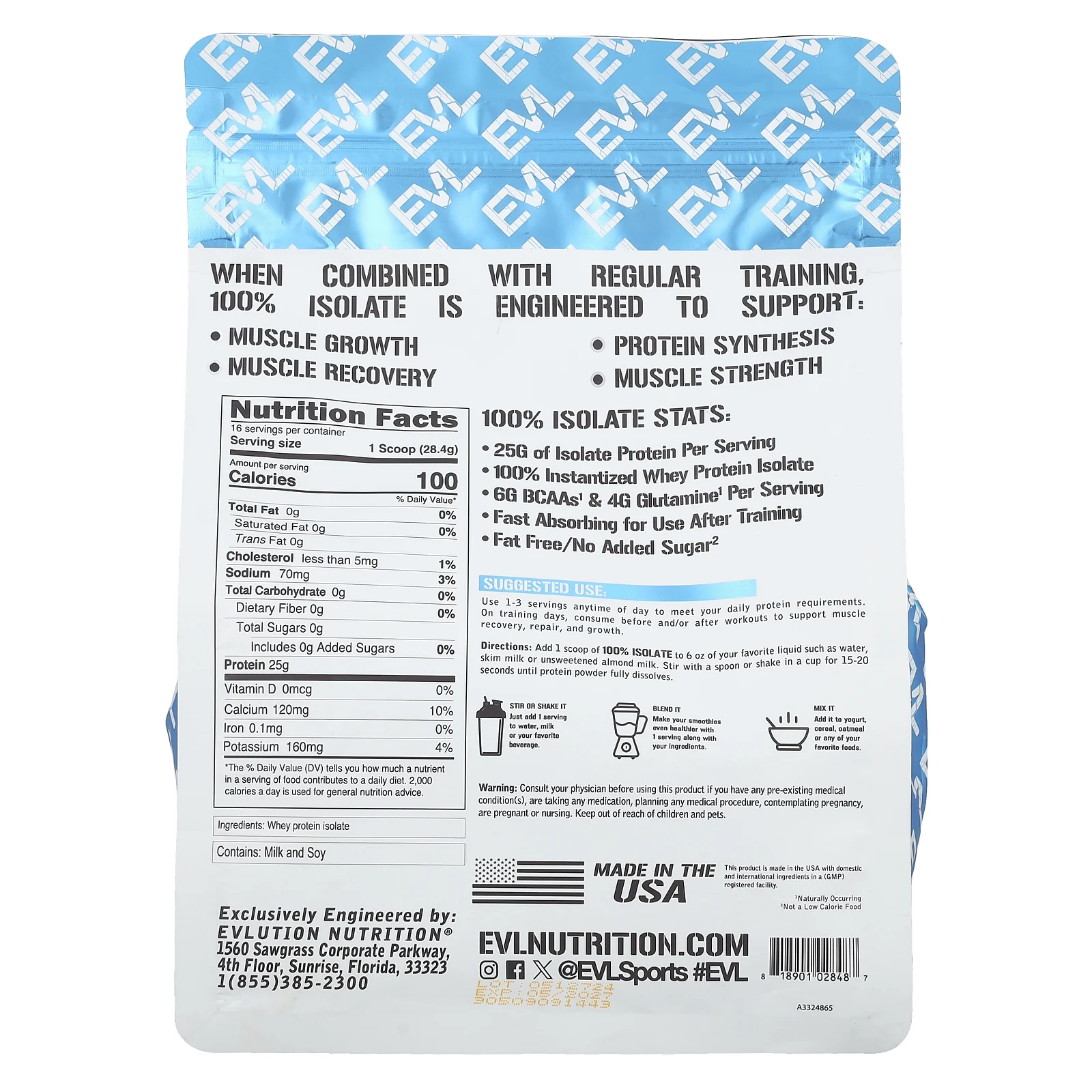 EVLution Nutrition, 100% изолят протеина, без добавок, 454 г (1 фунт)