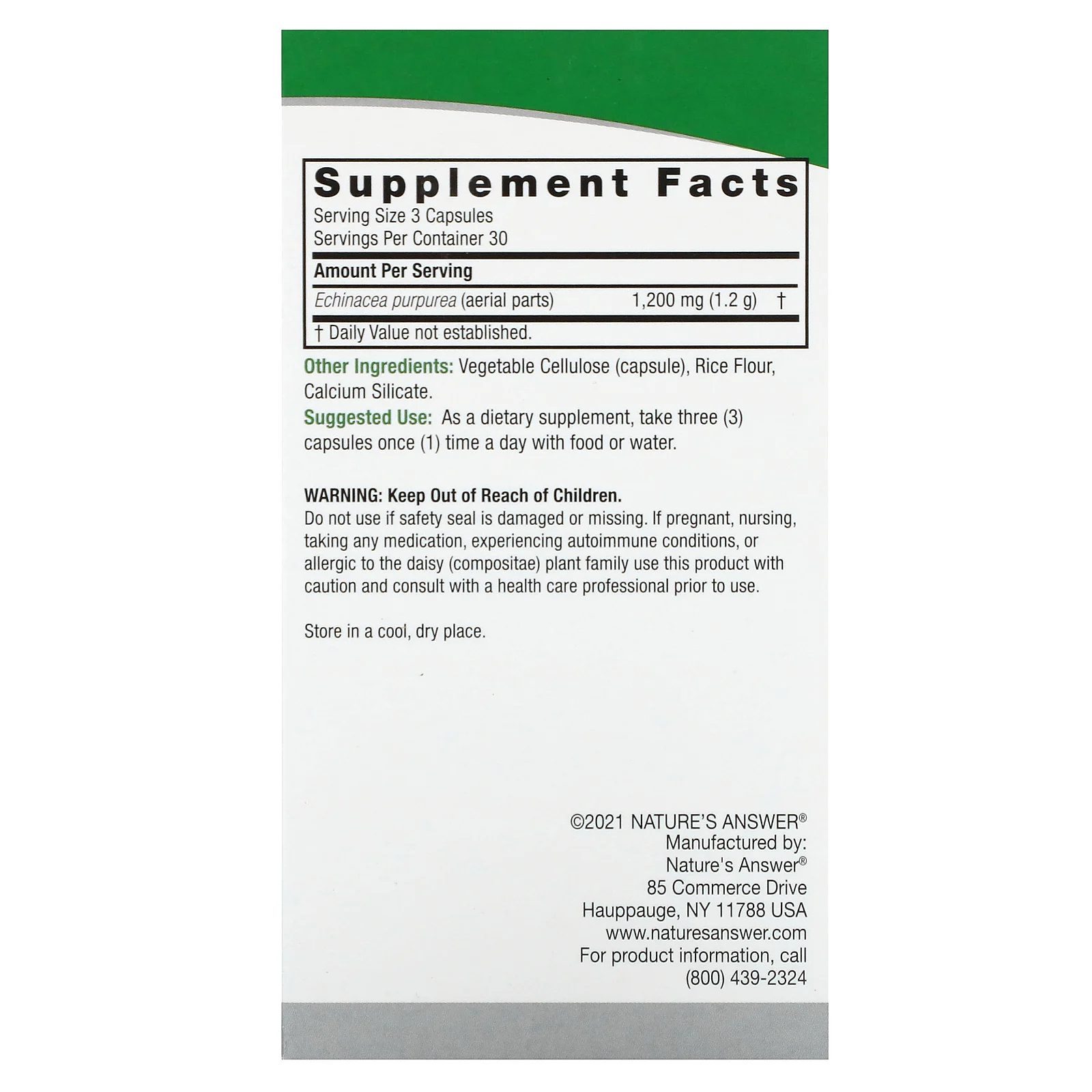 Nature's Answer, эхинацея, 1200 мг, 90 вегетарианских капсул (400 мг в 1 капсуле)