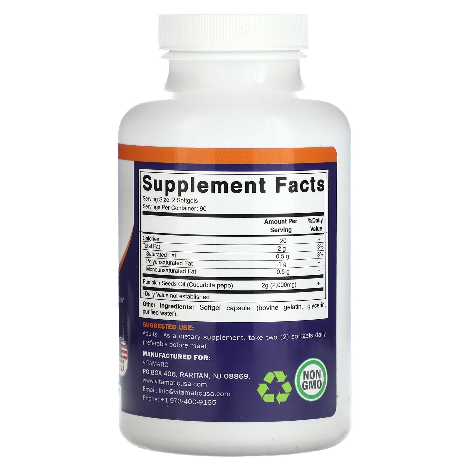 Vitamatic, тыквенное масло, 2000 мг, 180 капсул (1000 мг в 1 капсуле)