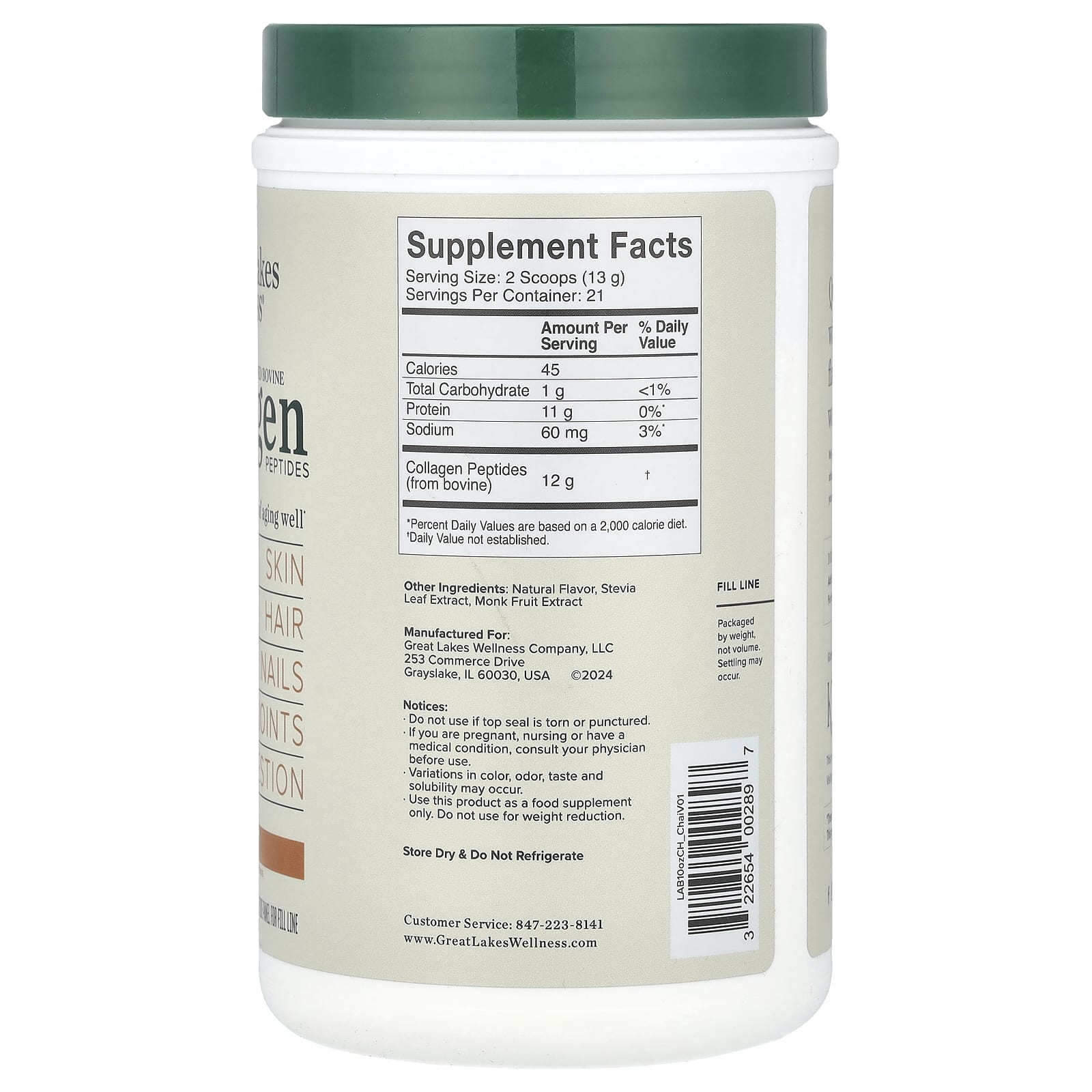 Great Lakes Wellness, Пептиды коллагена, говядина травяного откорма, чай, 284 г (10 унций)