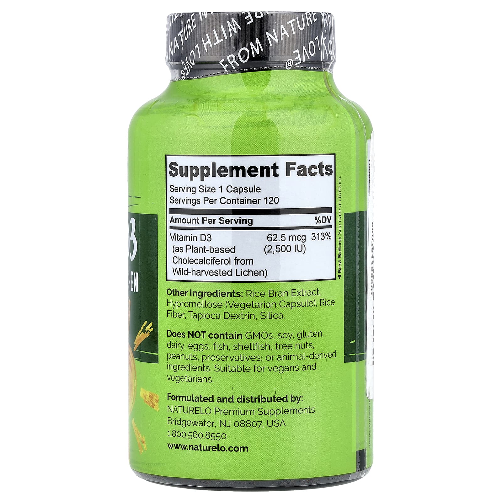NATURELO, витамин D3, 62,5 мкг (2500 МЕ), 120 капсул, которые легко глотать
