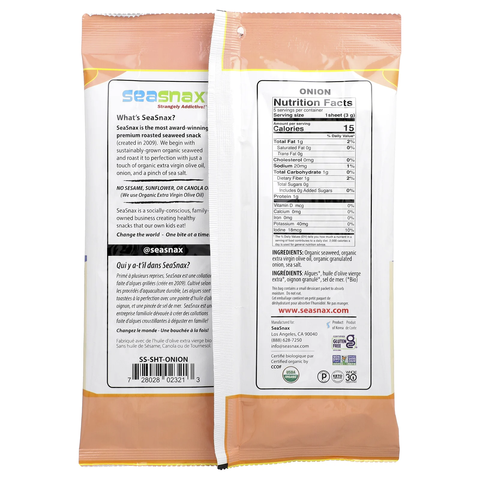 SeaSnax, Organic Premium, обжаренные морские водоросли, поджаренный лук, 15 г (0,54 унции)