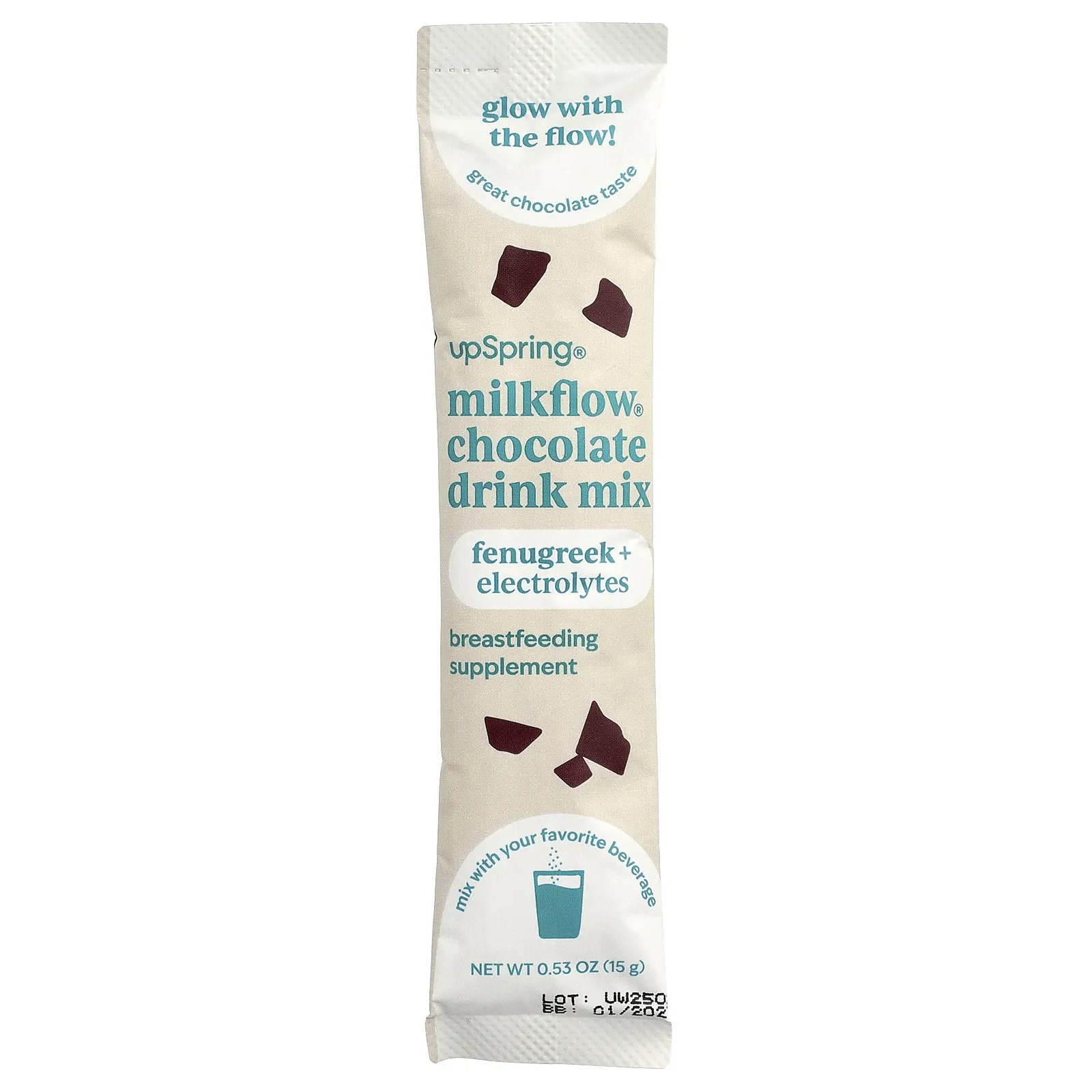UpSpring, Milkflow®, смесь для приготовления напитка, с шоколадным вкусом, 16 порционных пакетиков по 15 г (0,53 унции)