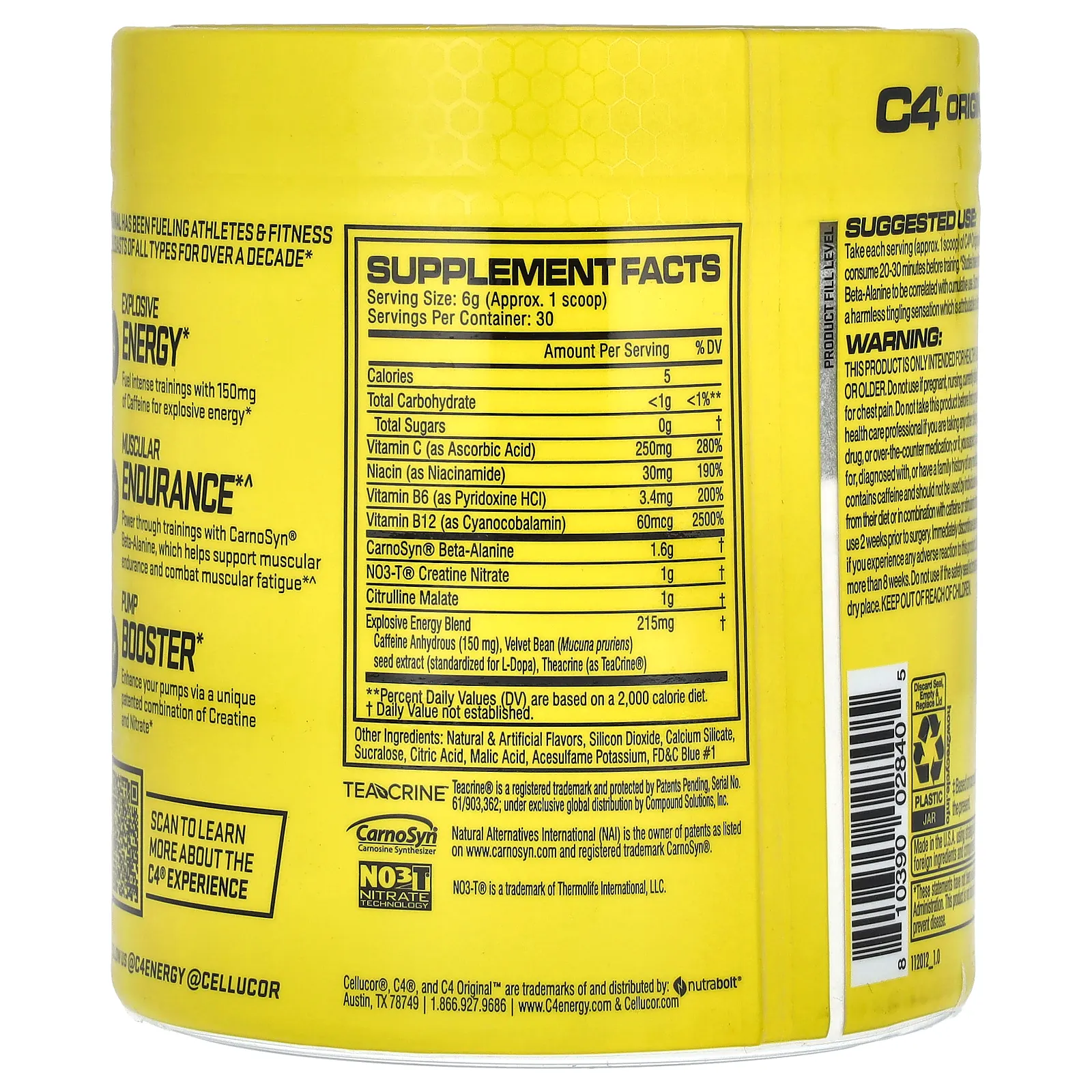 Cellucor, C4 Original, предтренировочный комплекс, со вкусом голубой малины, 180 г (6,3 унции)