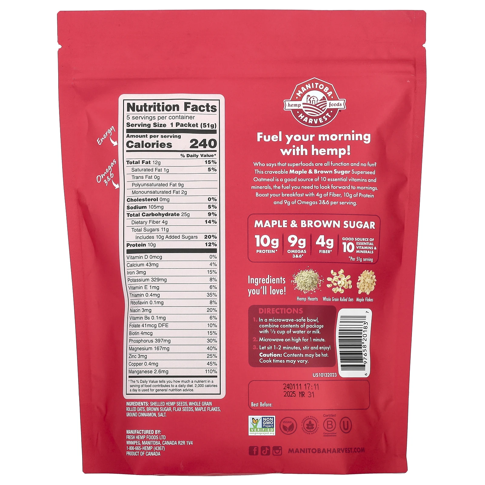 Manitoba Harvest, Овсянка быстрого приготовления, кленовый сироп и коричневый сахар, 5 пакетиков по 51 г (1,8 унции)