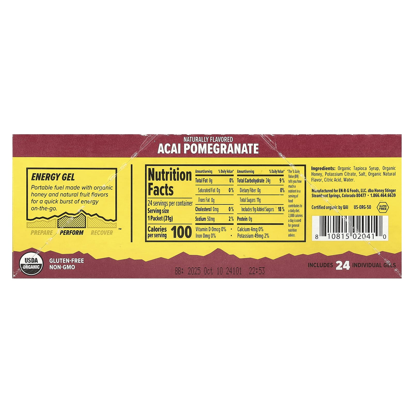 Honey Stinger, Energy Gel, гранат асаи, 24 пакетика по 31 г (1,1 унции)