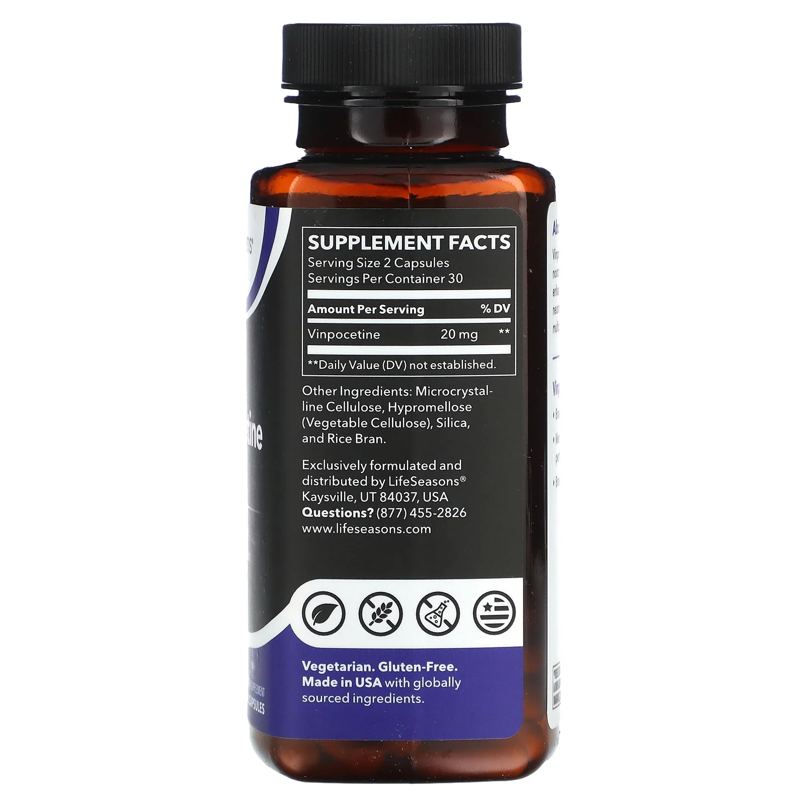 LifeSeasons, ноотропный винпоцетин, 20 мг, 60 растительных капсул (10 мг в 1 капсуле)