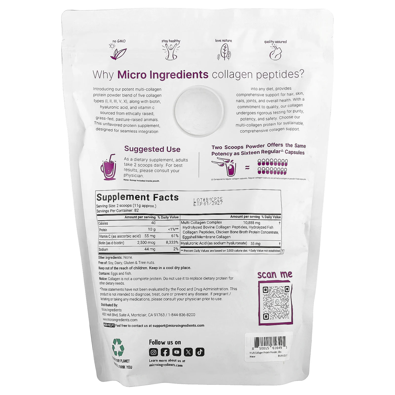 Micro Ingredients, Мультиколлагеновые пептиды, тип I, II, III, V, X, без добавок, 907 г (2 фунта)