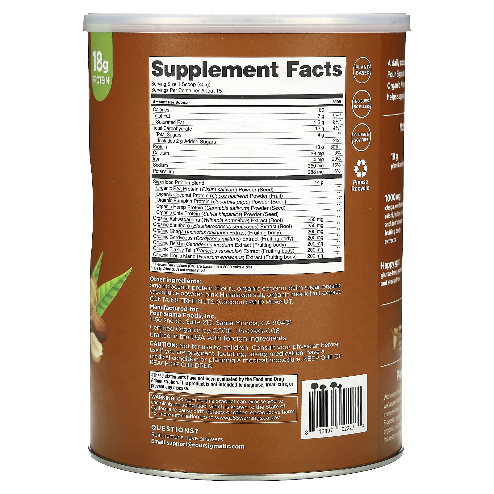 Four Sigmatic, Протеин растительного происхождения с грибами для поддержки иммунитета и адаптогенами, арахисовая паста, 600 г (1,32 фунта)