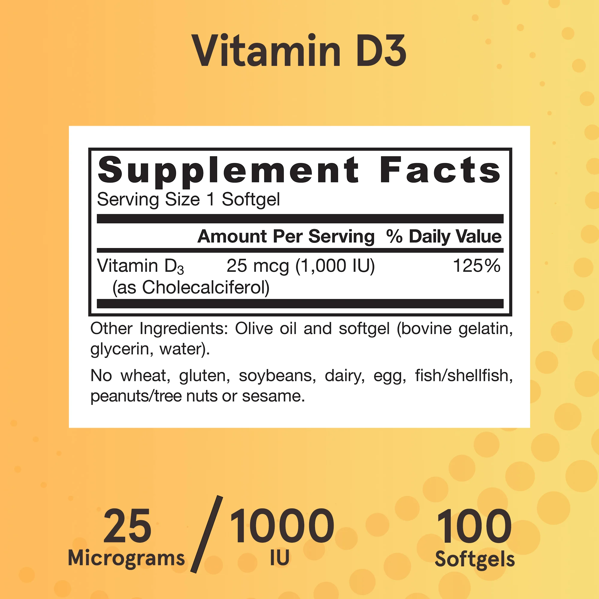 Jarrow Formulas, Витамин D3, повышенная сила действия, 25 мкг (1000 МЕ), 100 мягких таблеток