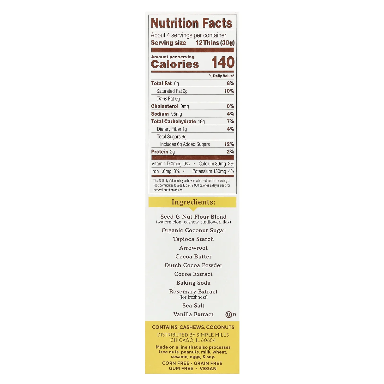 Simple Mills, тонкое шоколадное печенье брауни, с мукой из орехов и семян, 120 г (4,25 унции)