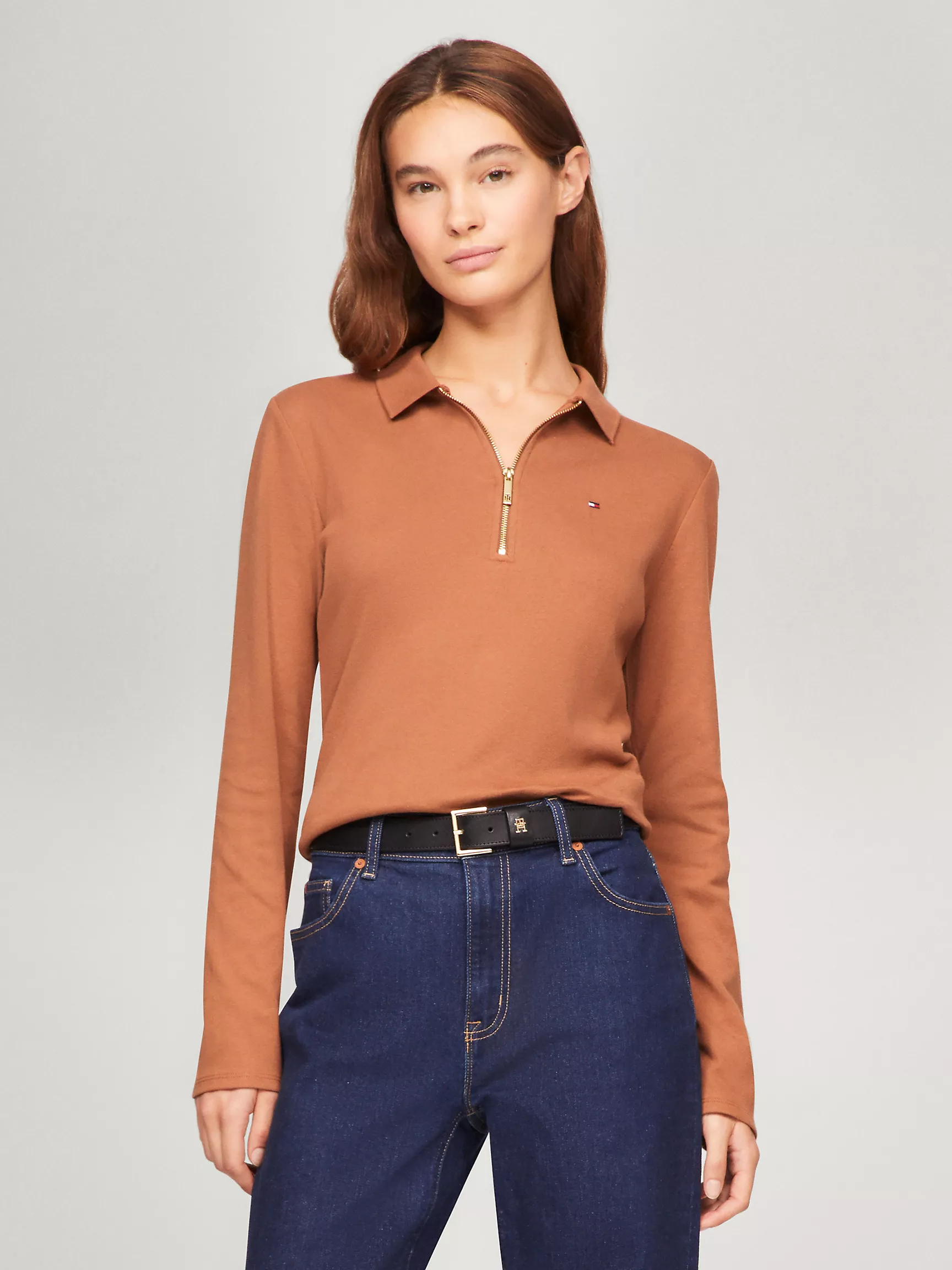 Женское поло Tommy Hilfiger, Приталенное поло с длинными рукавами и молнией