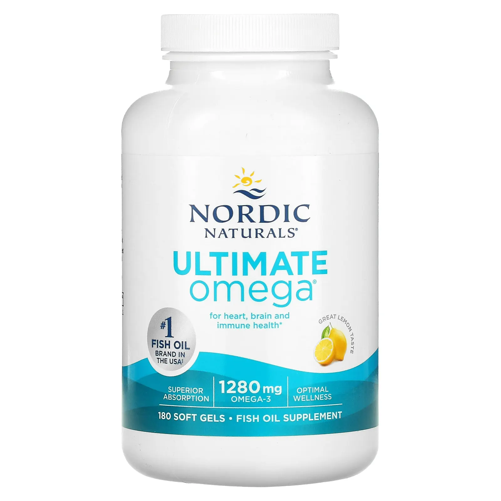 Nordic Naturals, Ultimate Omega, высокоэффективные омега-3 кислоты, со вкусом лимона, 1280 мг, 180 капсул (640 мг в 1 капсуле)